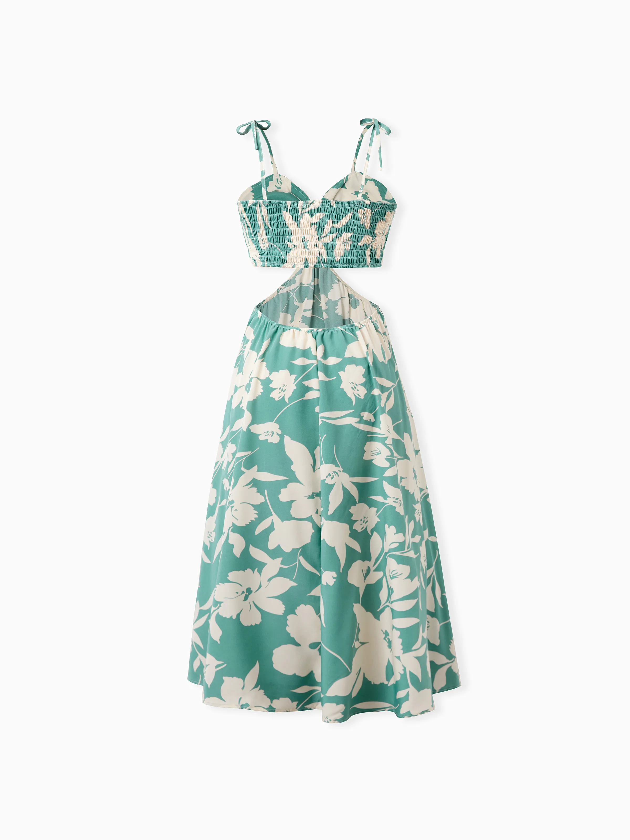 Family Matching Leaf Print Green Short-sleeve Shirt or Sling Shirred Dress Set Green - Image 3