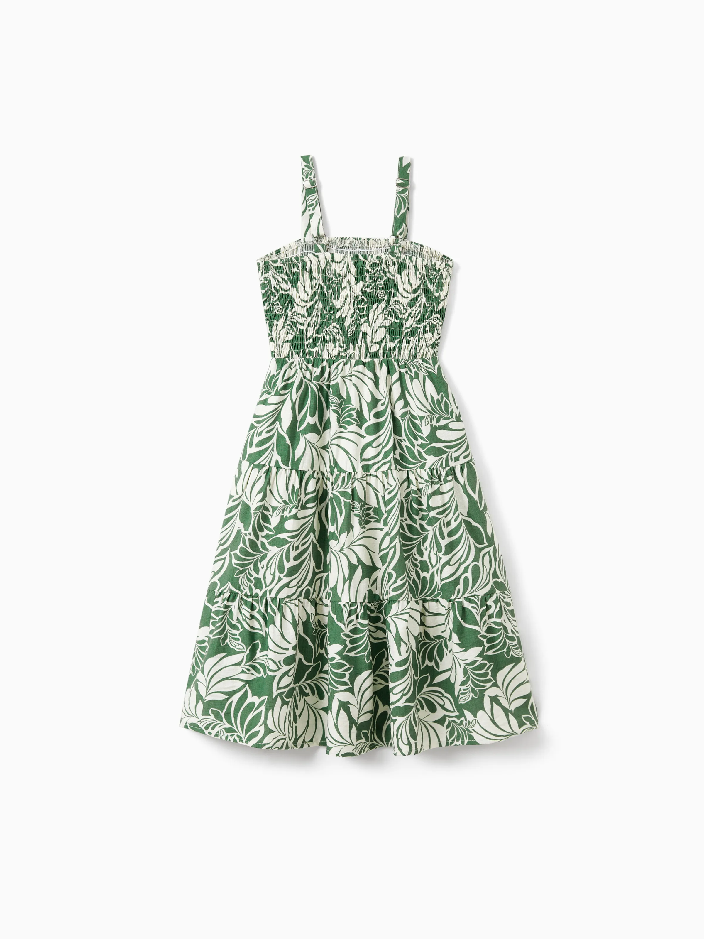 Family Matching Leaf Print Short-sleeve Shirt or Halter Dress Green Set Green - Image 11