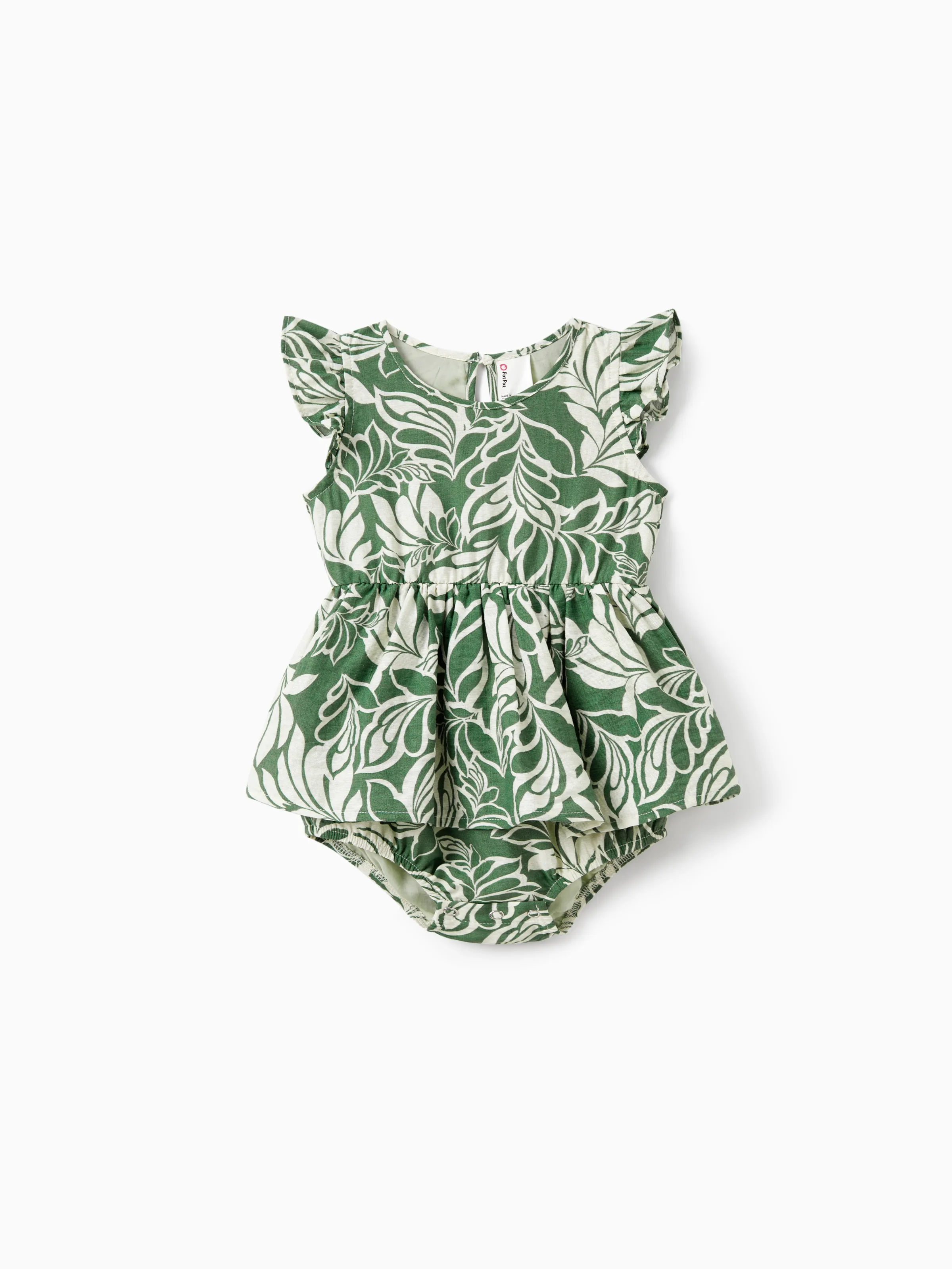 Family Matching Leaf Print Short-sleeve Shirt or Halter Dress Green Set Green - Image 13