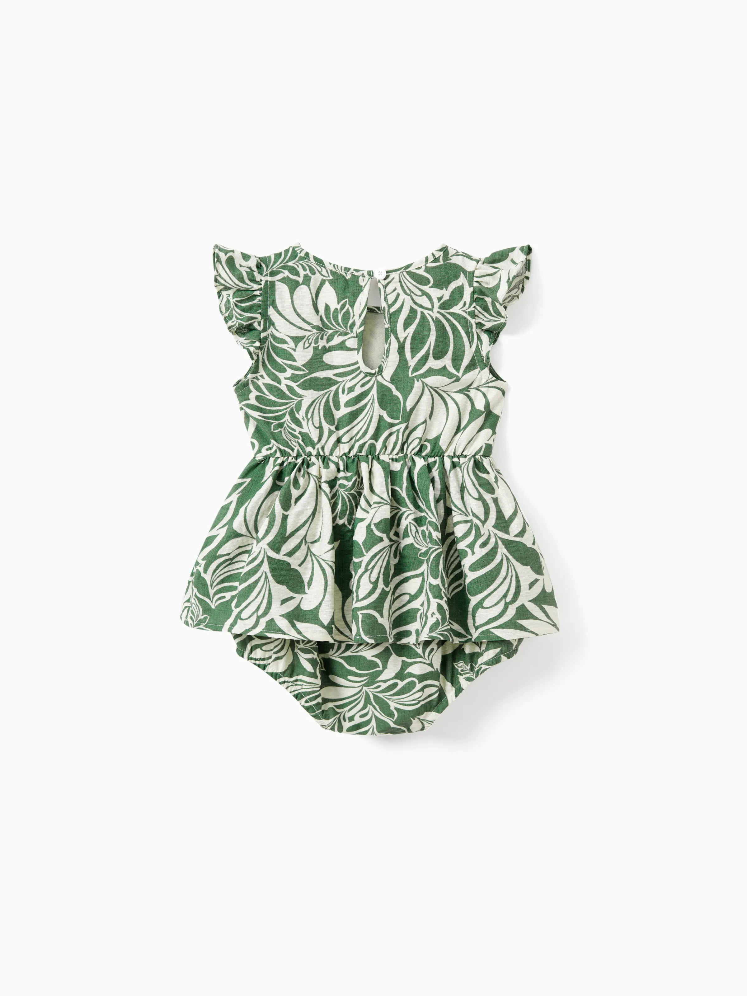 Family Matching Leaf Print Short-sleeve Shirt or Halter Dress Green Set Green - Image 14