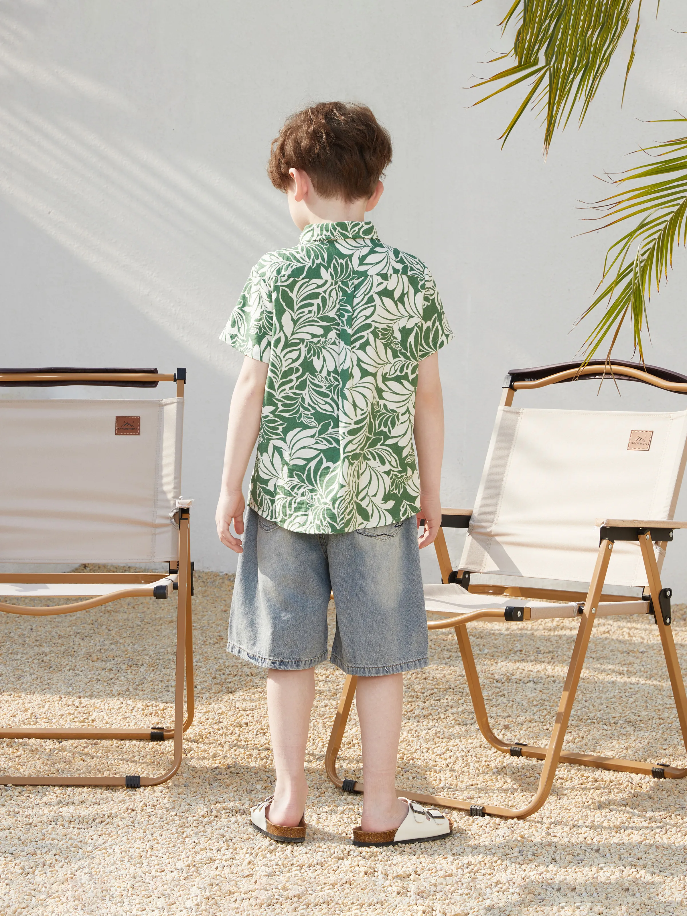 Family Matching Leaf Print Short-sleeve Shirt or Halter Dress Green Set Green - Image 19