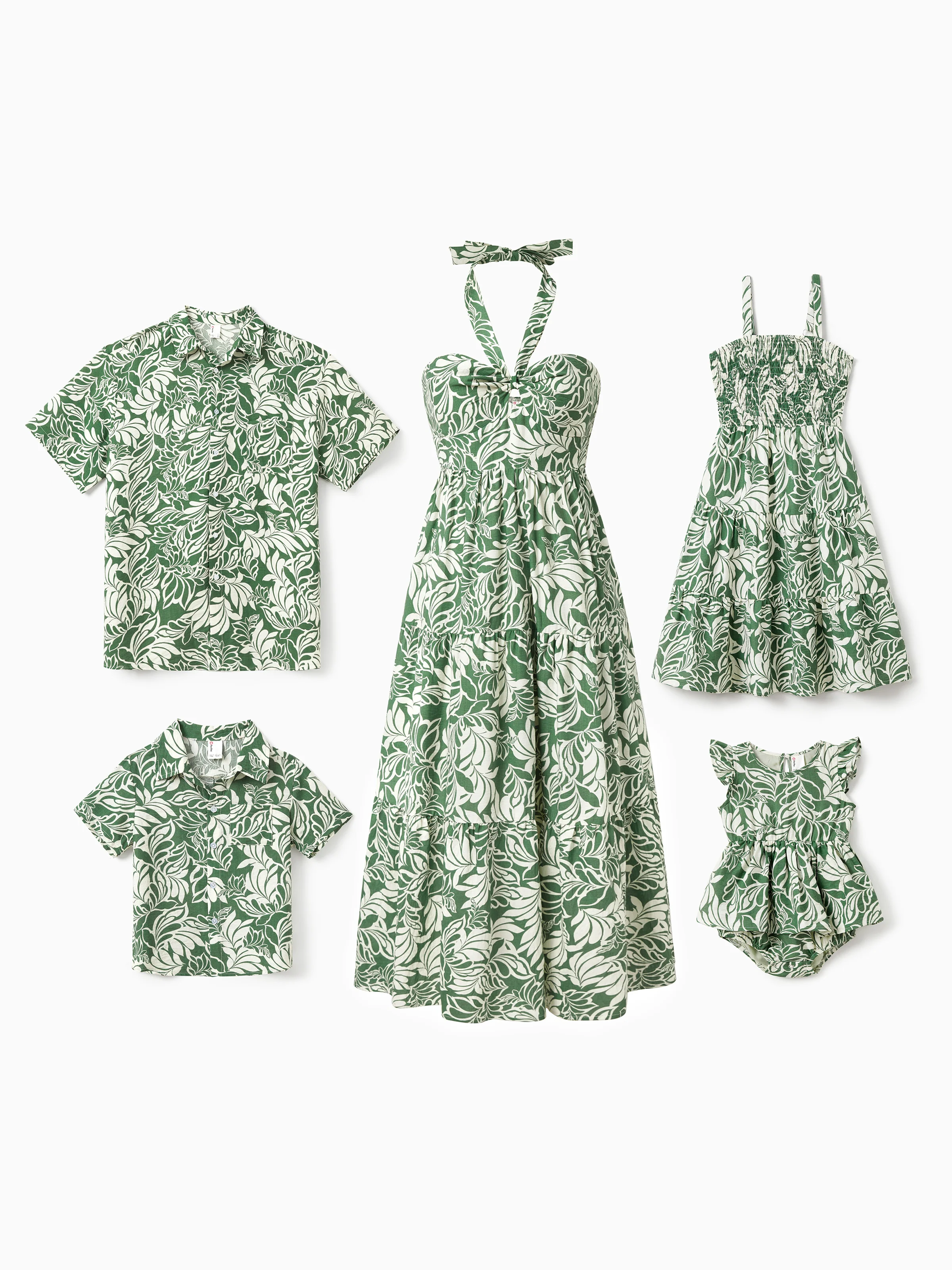 Family Matching Leaf Print Short-sleeve Shirt or Halter Dress Green Set Green - Image 2