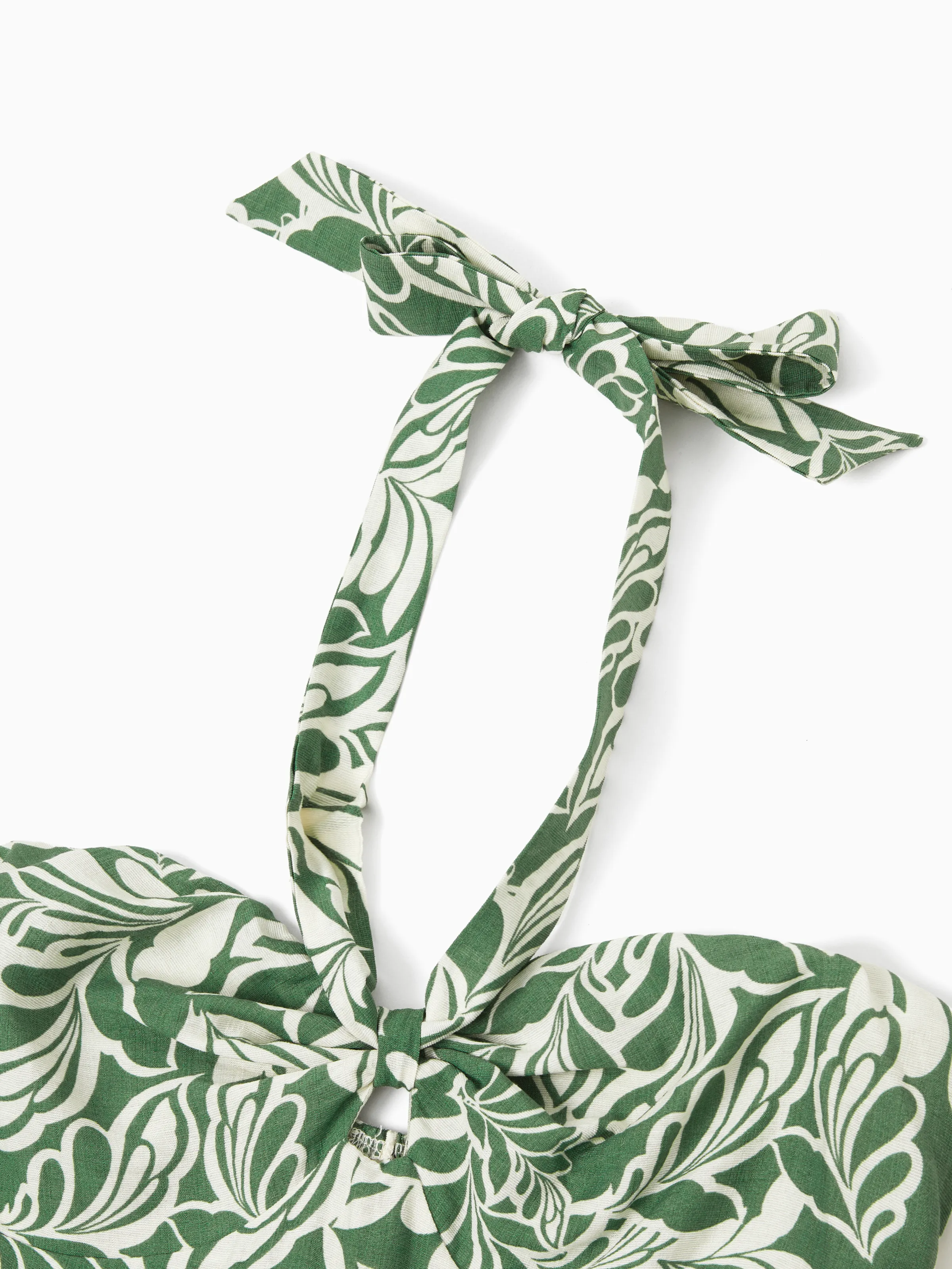 Family Matching Leaf Print Short-sleeve Shirt or Halter Dress Green Set Green - Image 7