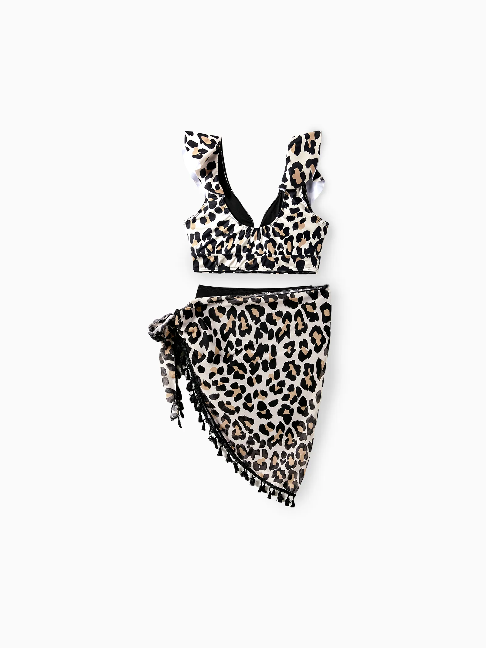 Family Matching Leopard Pattern Drawstring Swim Trunks or Ruffle Neck Two-Piece Bikini with Optional Cover Up Sarong Skirt Black - Image 3