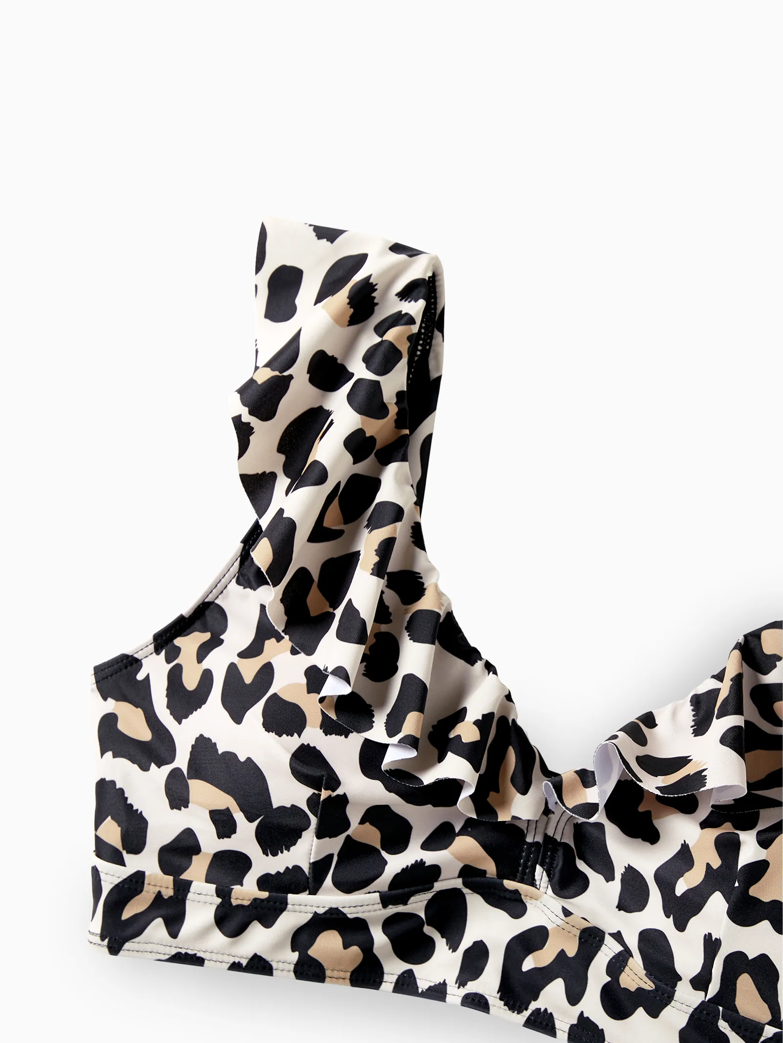 Family Matching Leopard Pattern Drawstring Swim Trunks or Ruffle Neck Two-Piece Bikini with Optional Cover Up Sarong Skirt Black - Image 5