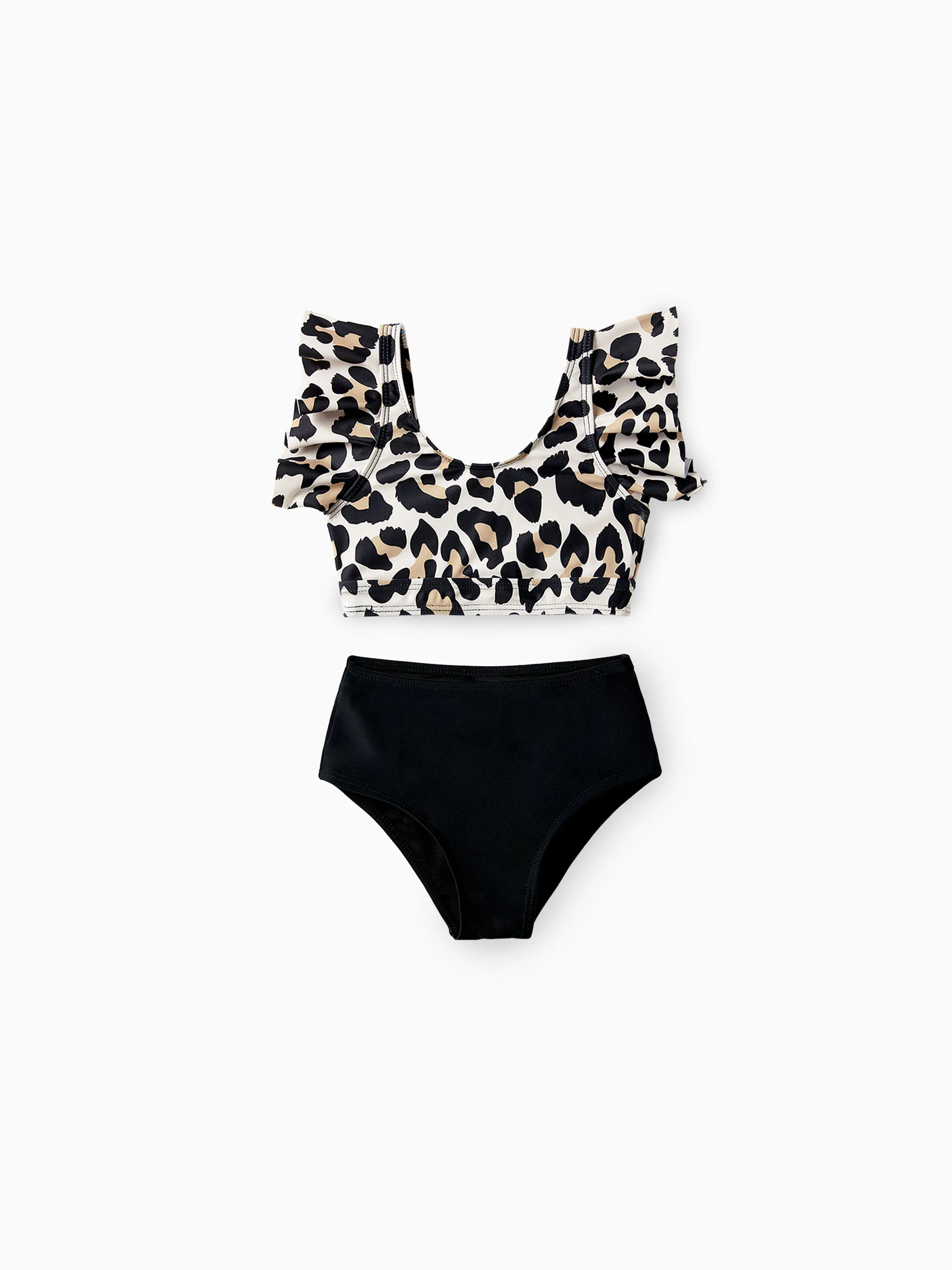 Family Matching Leopard Pattern Drawstring Swim Trunks or Ruffle Neck Two-Piece Bikini with Optional Cover Up Sarong Skirt Black - Image 7
