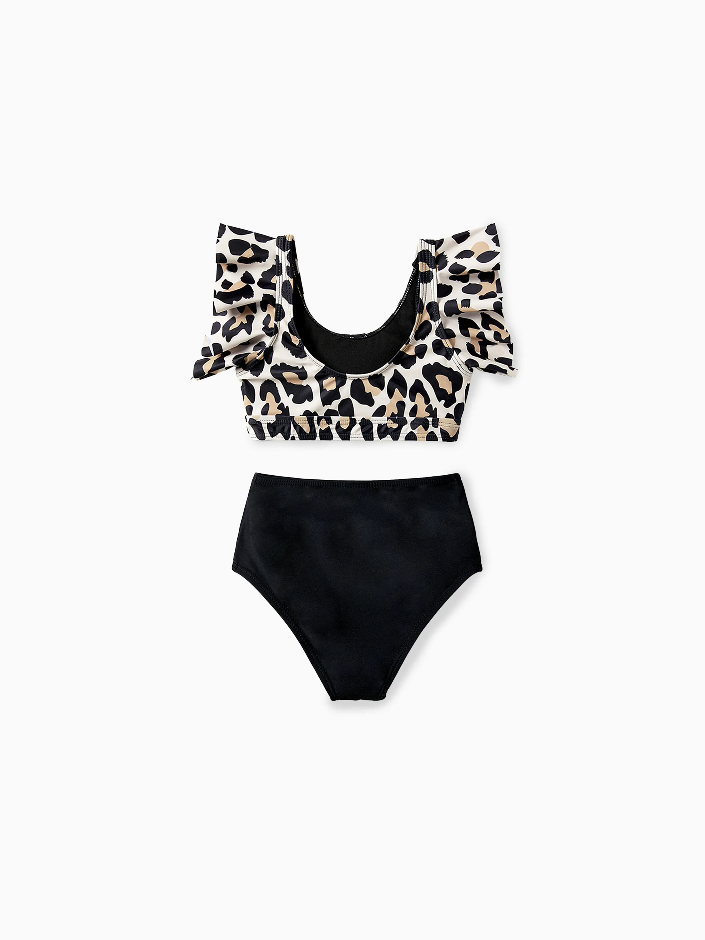 Family Matching Leopard Pattern Drawstring Swim Trunks or Ruffle Neck Two-Piece Bikini with Optional Cover Up Sarong Skirt Black - Image 8
