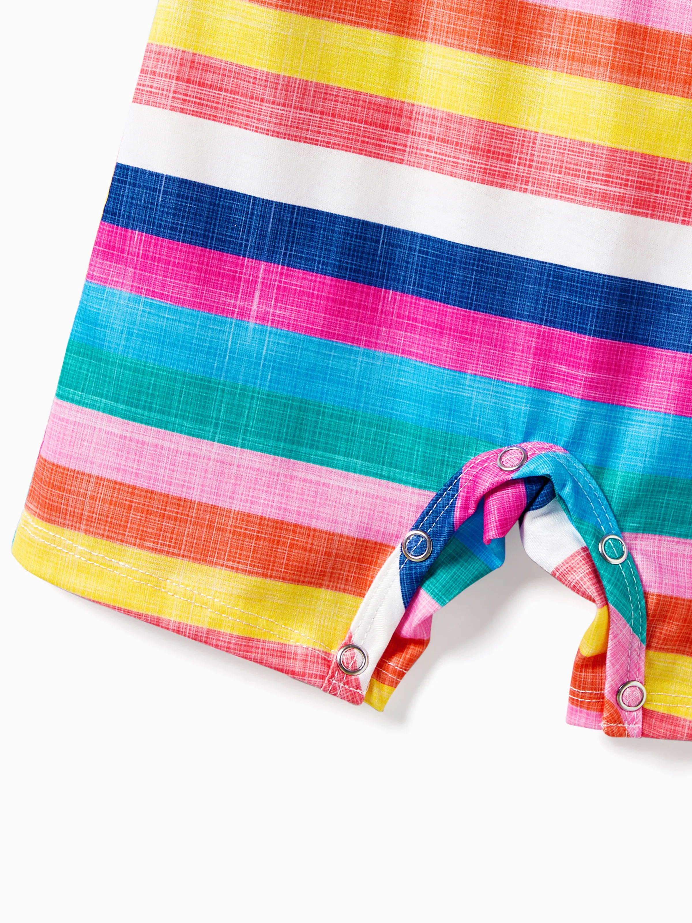 Family Matching Multi-Color Stripe T-shirt and Ruffle Hem Button Strap Dress Sets COLOREDSTRIPES - Image 15