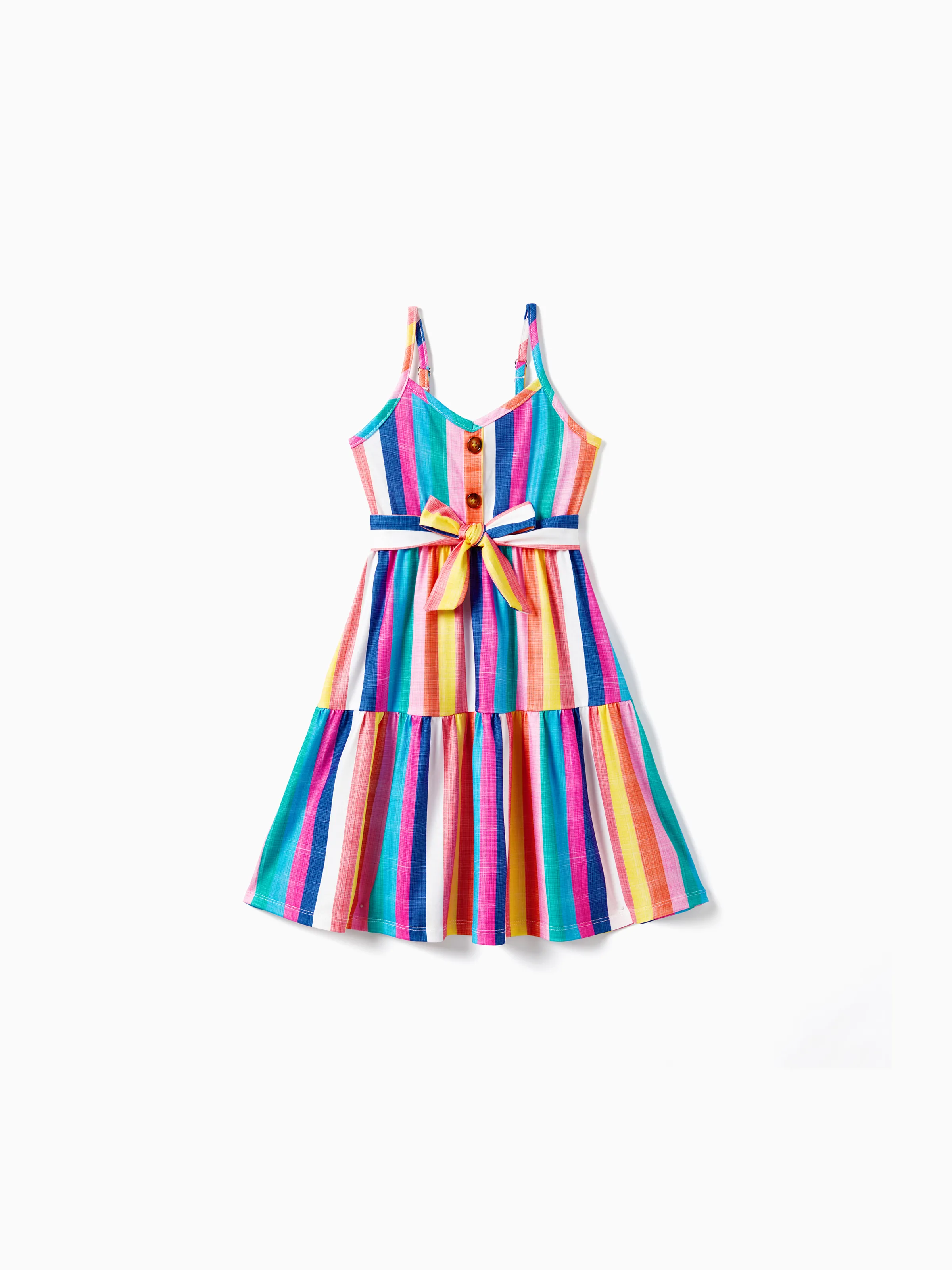 Family Matching Multi-Color Stripe T-shirt and Ruffle Hem Button Strap Dress Sets COLOREDSTRIPES - Image 8