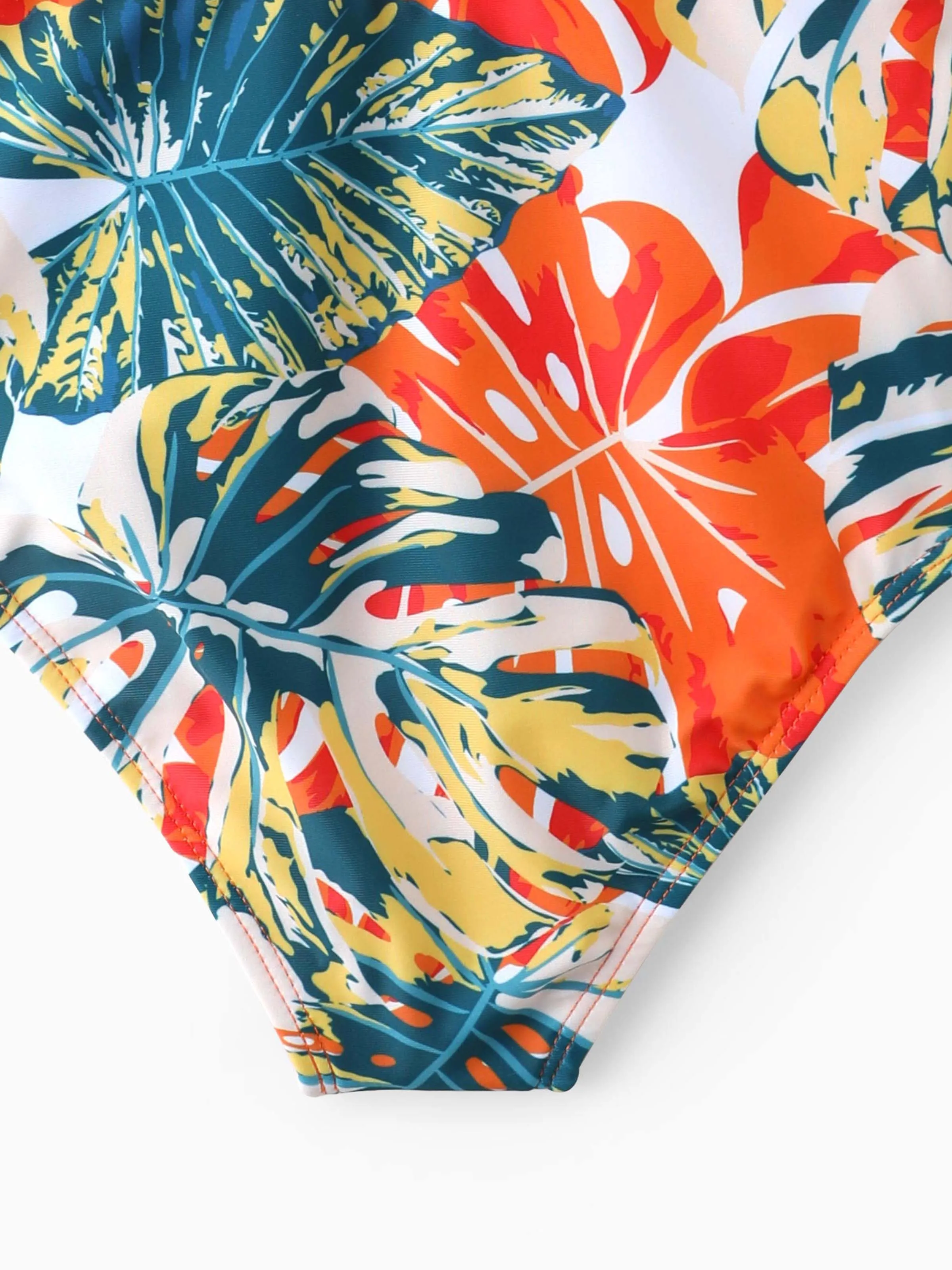 Family Matching Orange and All Over Tropical Plant Print Splicing Ruffle One-Piece Swimsuit and Swim Trunks Shorts Orange color - Image 10