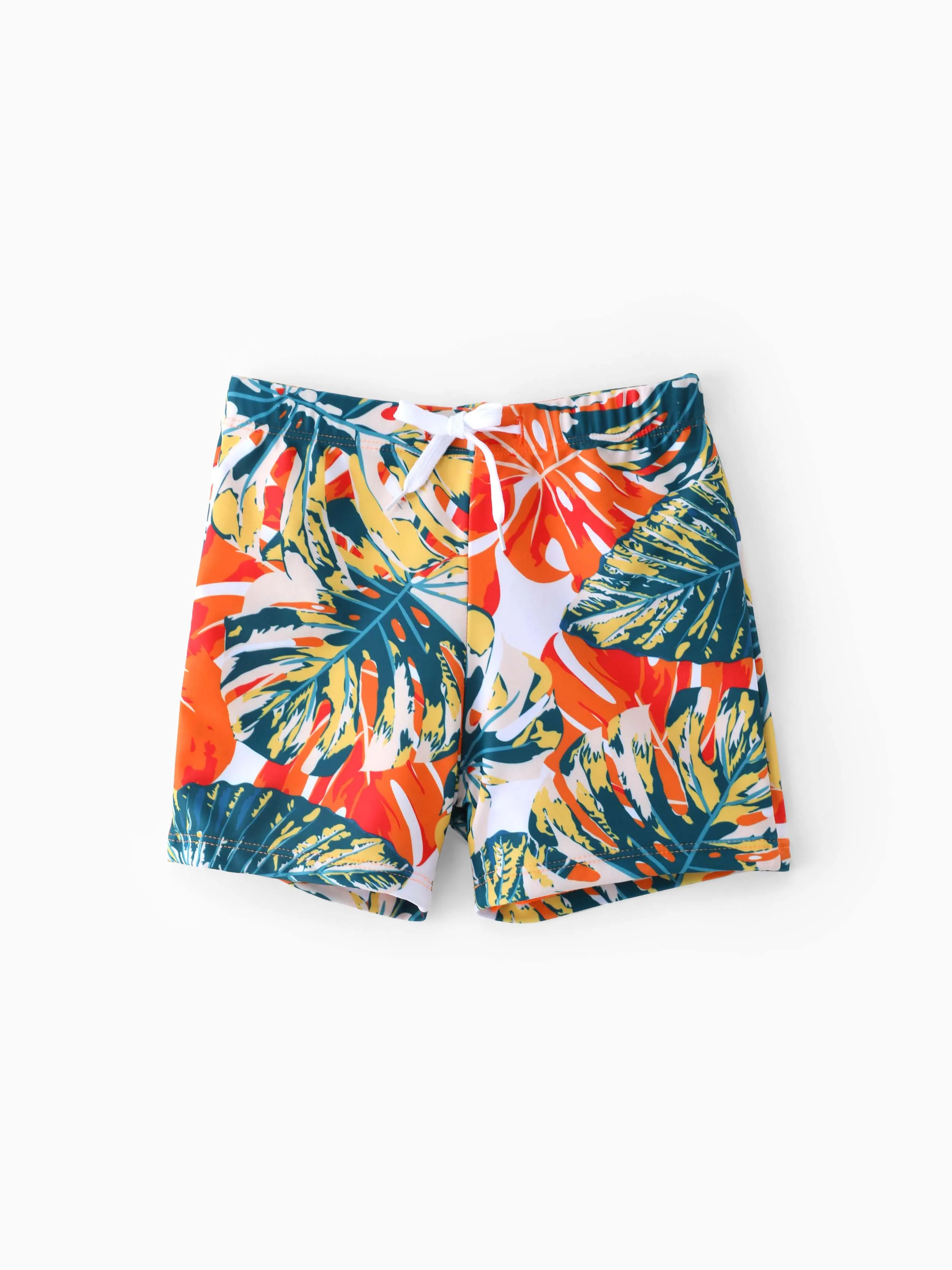 Family Matching Orange and All Over Tropical Plant Print Splicing Ruffle One-Piece Swimsuit and Swim Trunks Shorts Orange color - Image 12