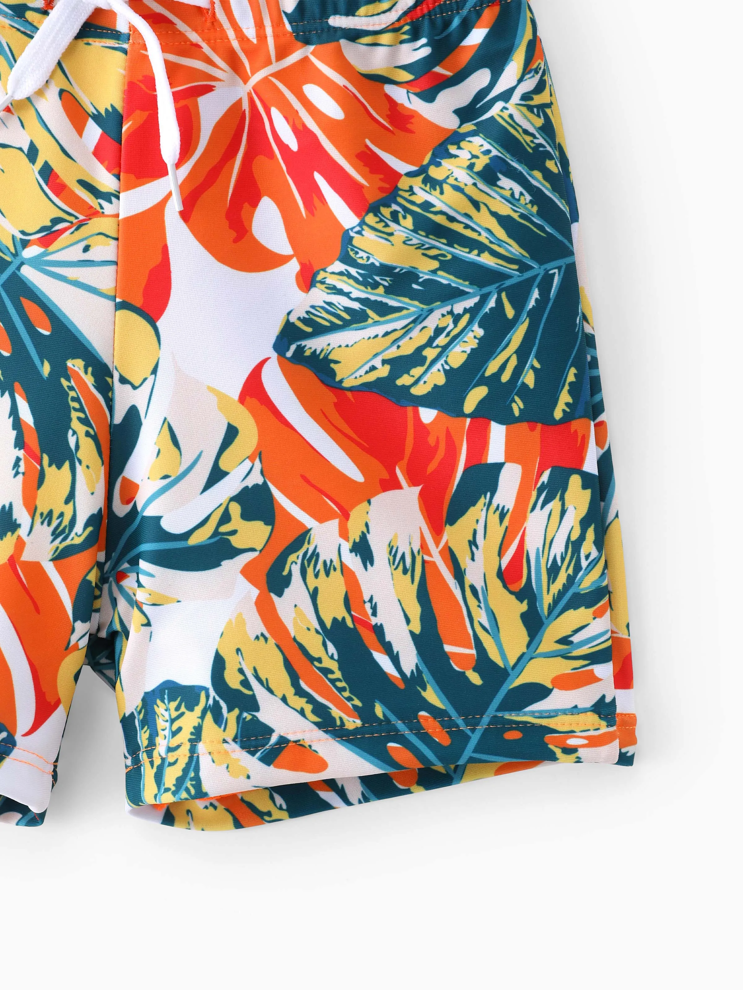 Family Matching Orange and All Over Tropical Plant Print Splicing Ruffle One-Piece Swimsuit and Swim Trunks Shorts Orange color - Image 14