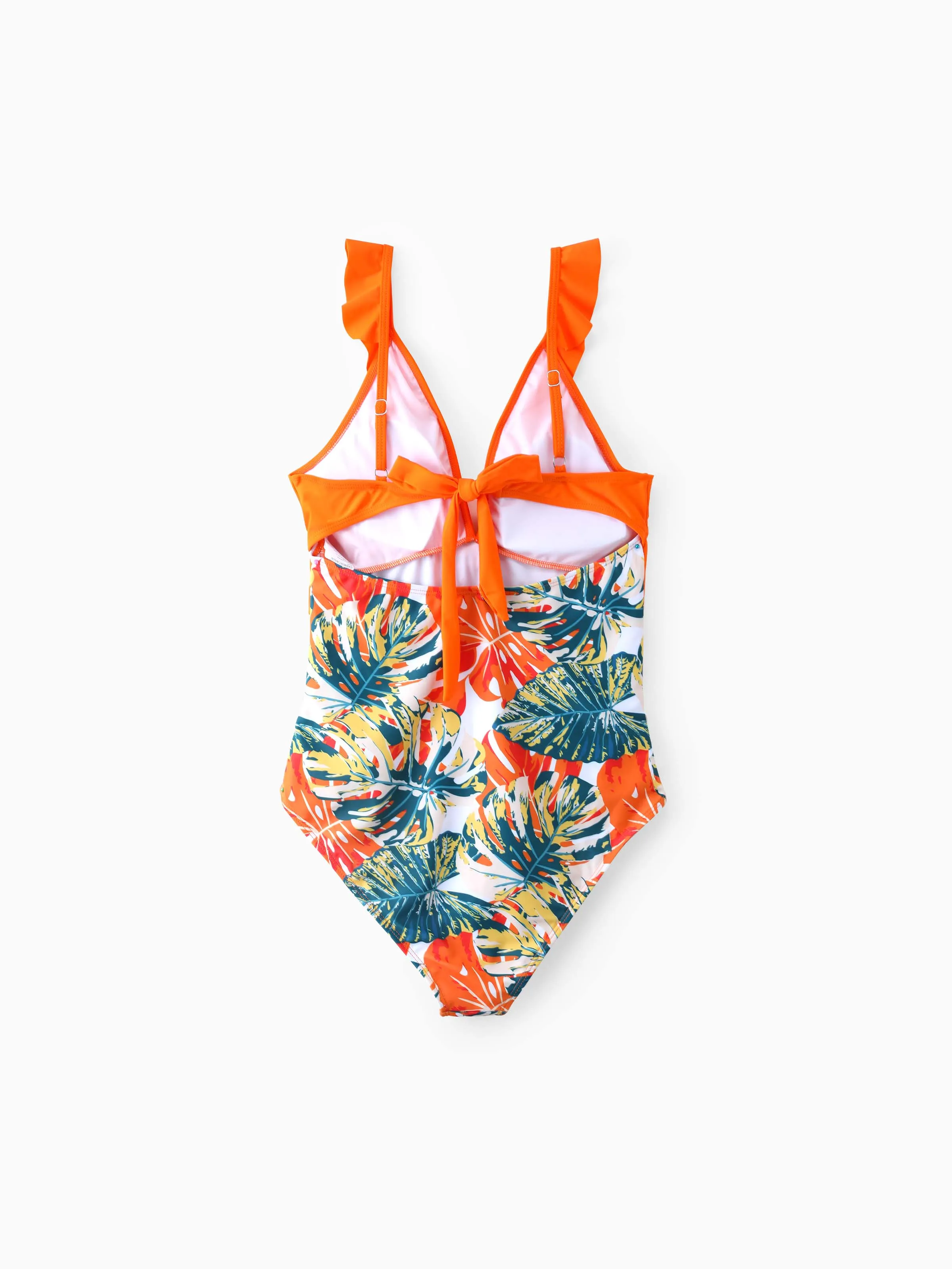 Family Matching Orange and All Over Tropical Plant Print Splicing Ruffle One-Piece Swimsuit and Swim Trunks Shorts Orange color - Image 3