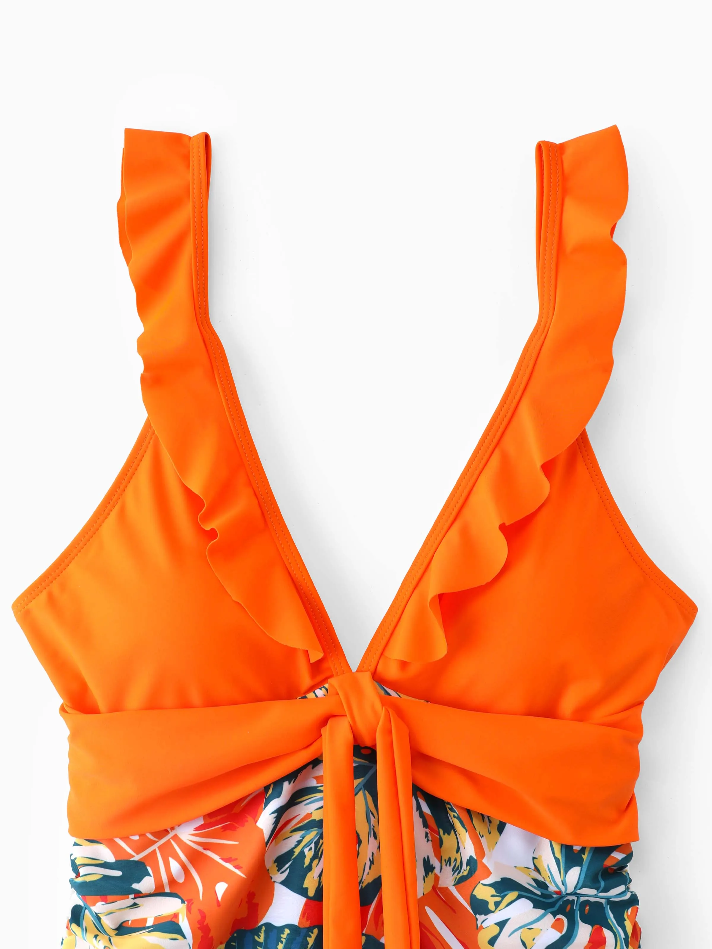 Family Matching Orange and All Over Tropical Plant Print Splicing Ruffle One-Piece Swimsuit and Swim Trunks Shorts Orange color - Image 4