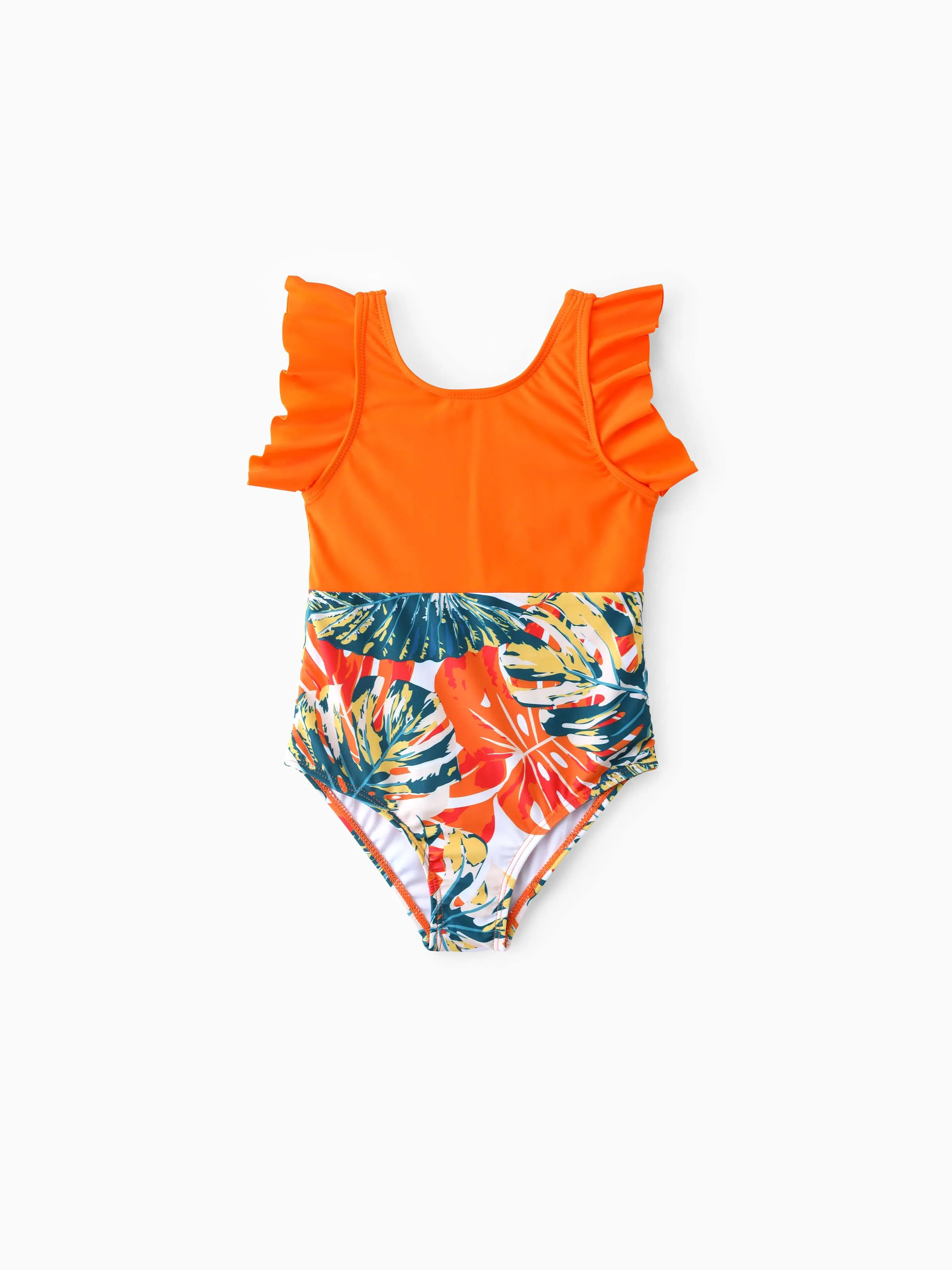 Family Matching Orange and All Over Tropical Plant Print Splicing Ruffle One-Piece Swimsuit and Swim Trunks Shorts Orange color - Image 7