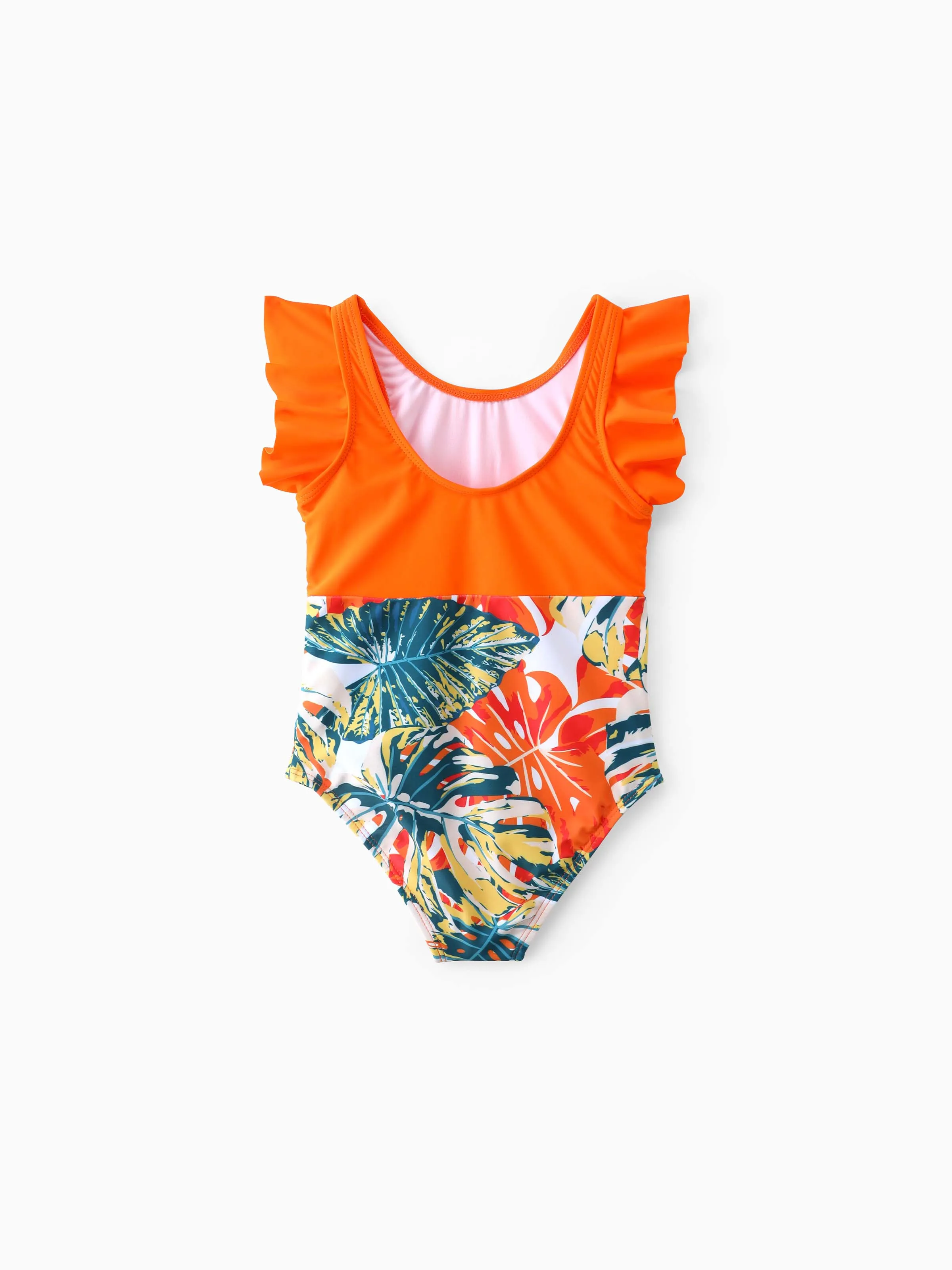 Family Matching Orange and All Over Tropical Plant Print Splicing Ruffle One-Piece Swimsuit and Swim Trunks Shorts Orange color - Image 8