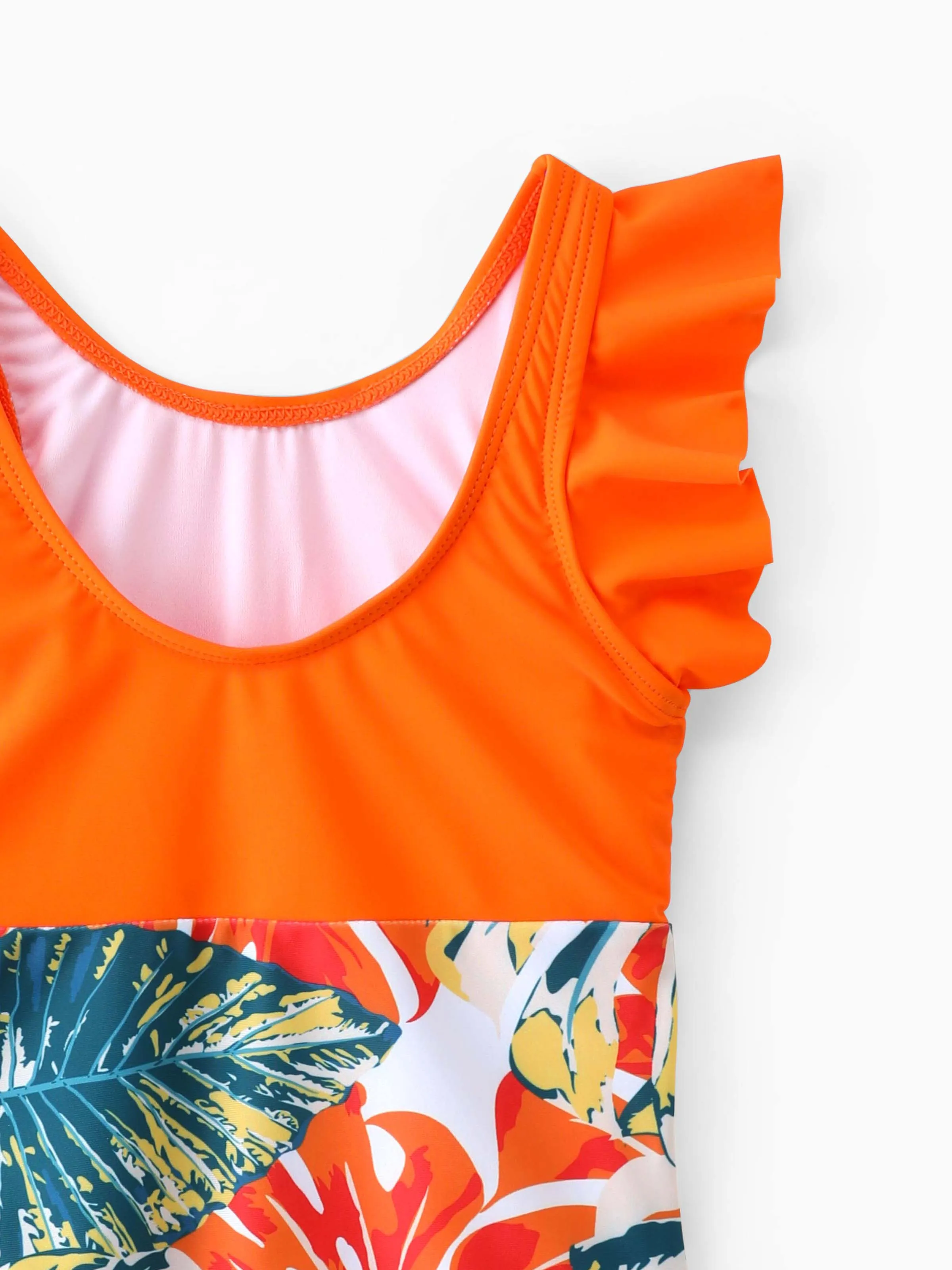 Family Matching Orange and All Over Tropical Plant Print Splicing Ruffle One-Piece Swimsuit and Swim Trunks Shorts Orange color - Image 9