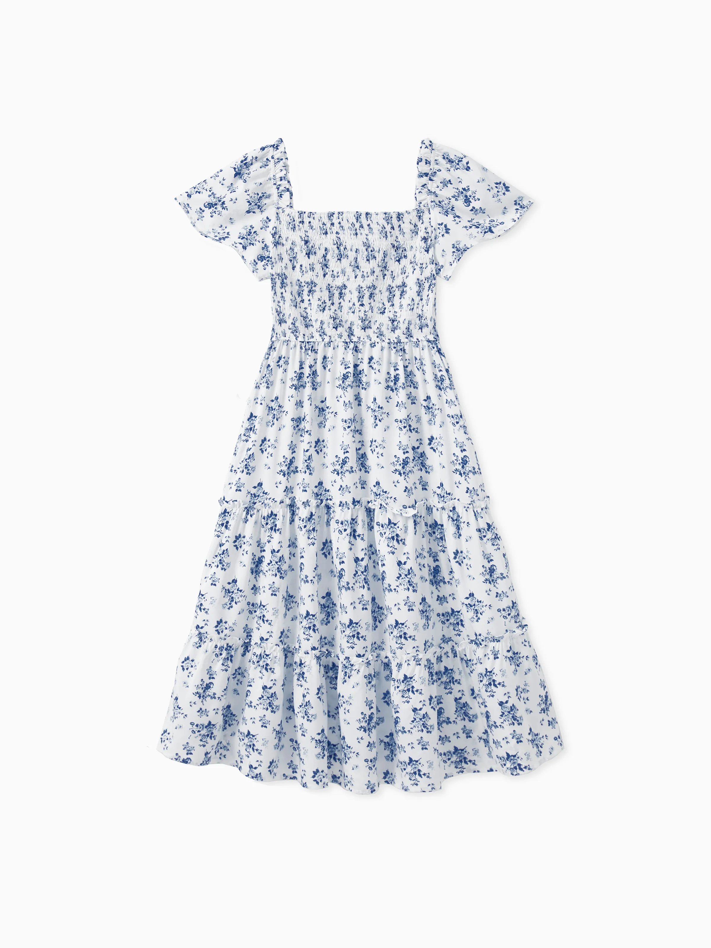 Family Matching Outfit: Floral Smocking Casual Suit BLUEWHITE - Image 5