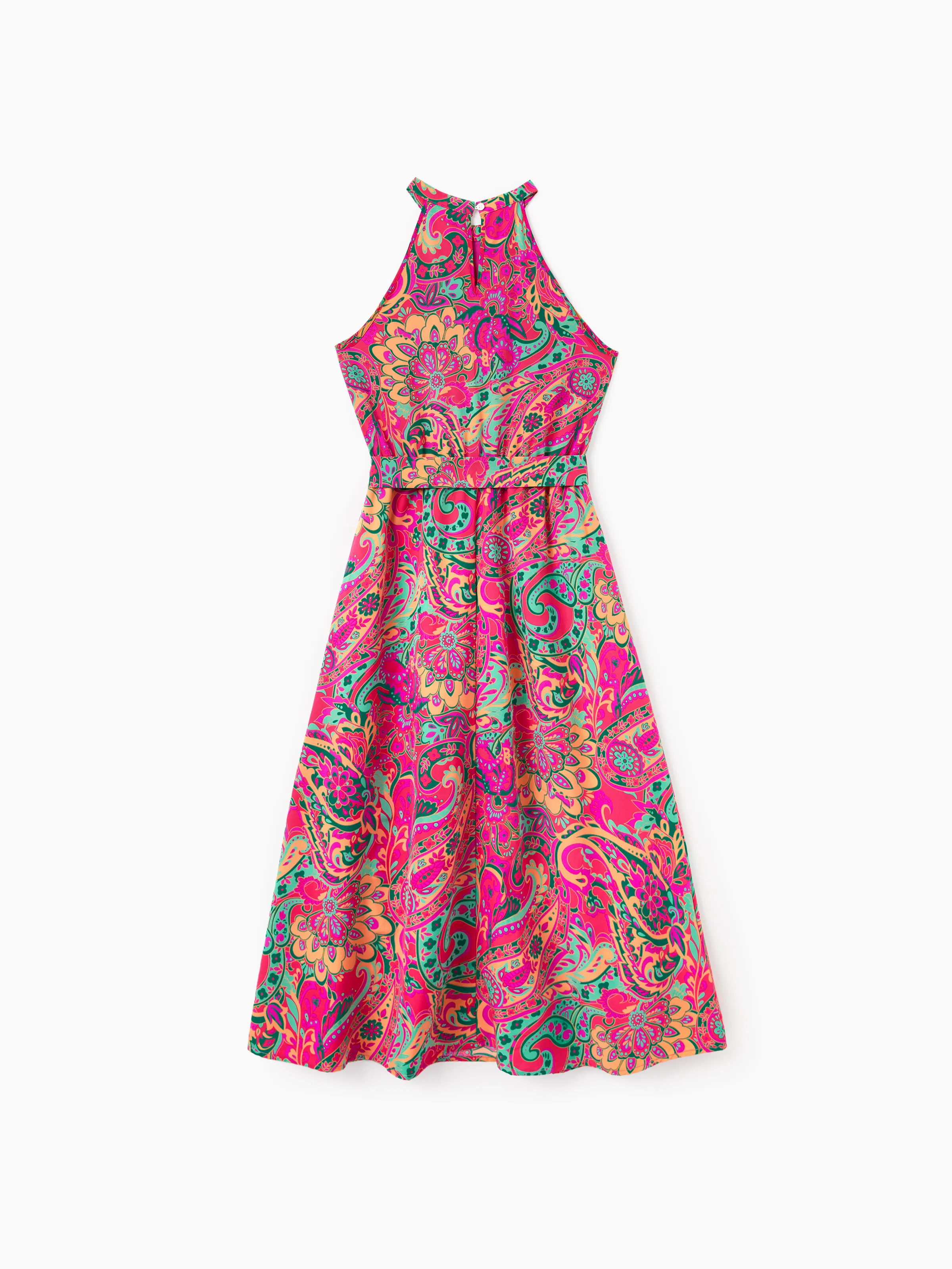 Family Matching Outfit Set Sleeveless Halter Belted Dress or Short-sleeve Collar Shirt   for Summer Vacation  Hot Pink - Image 3