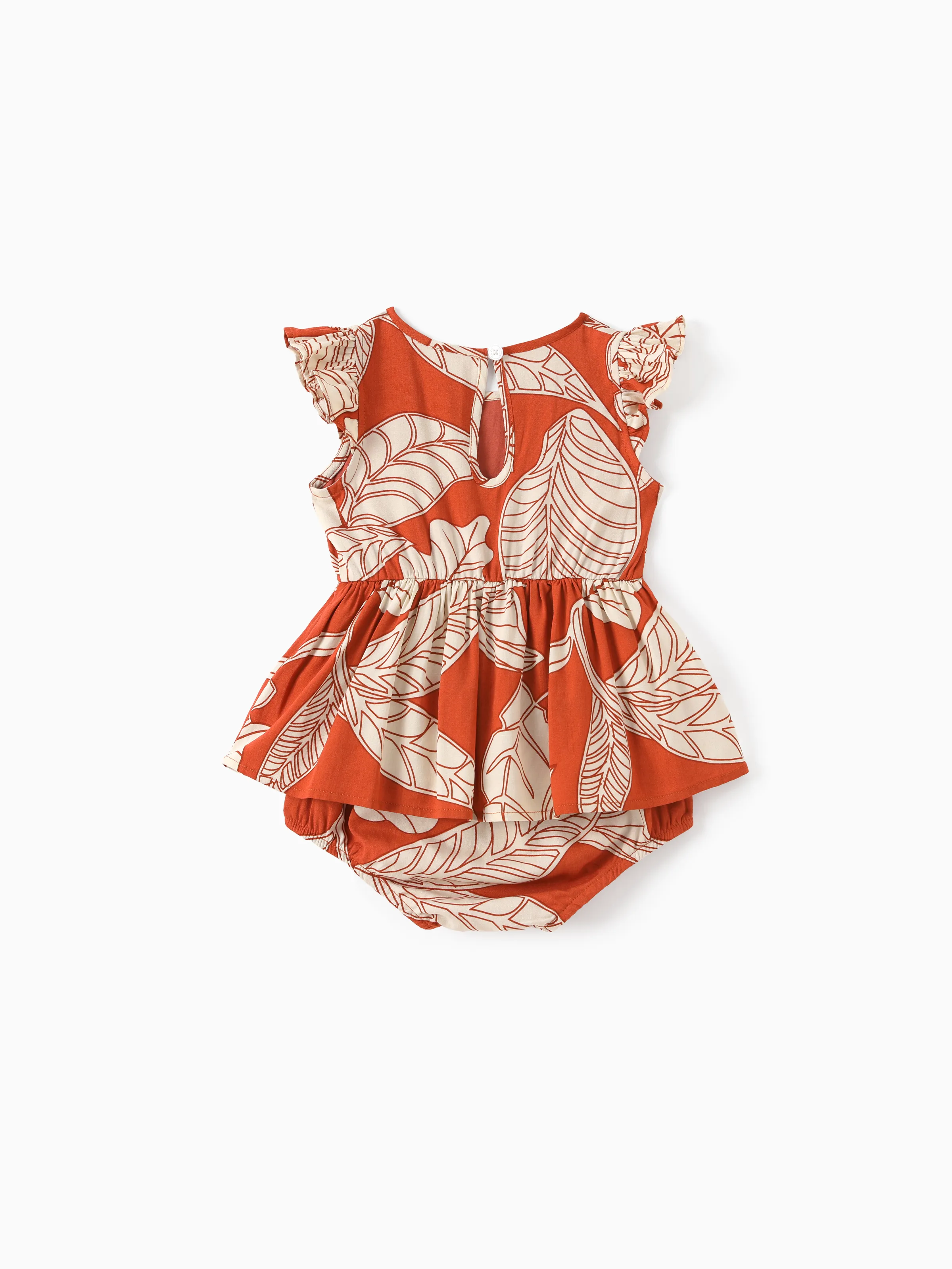 Family Matching Outfits Coral Leaf Print Halter Dress or Short-sleeve Shirt Set Summer Vacation Collection Red - Image 13