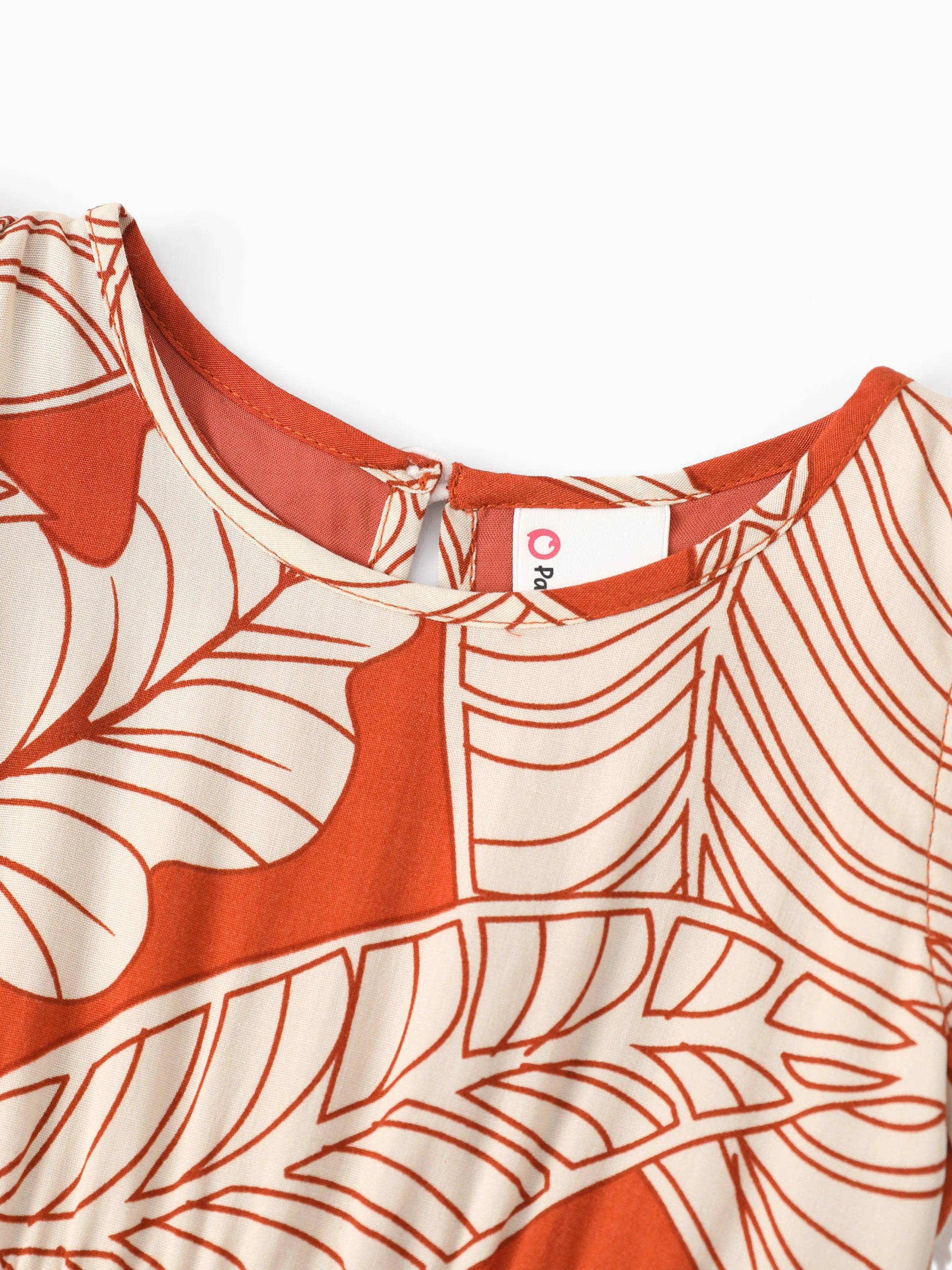 Family Matching Outfits Coral Leaf Print Halter Dress or Short-sleeve Shirt Set Summer Vacation Collection Red - Image 16