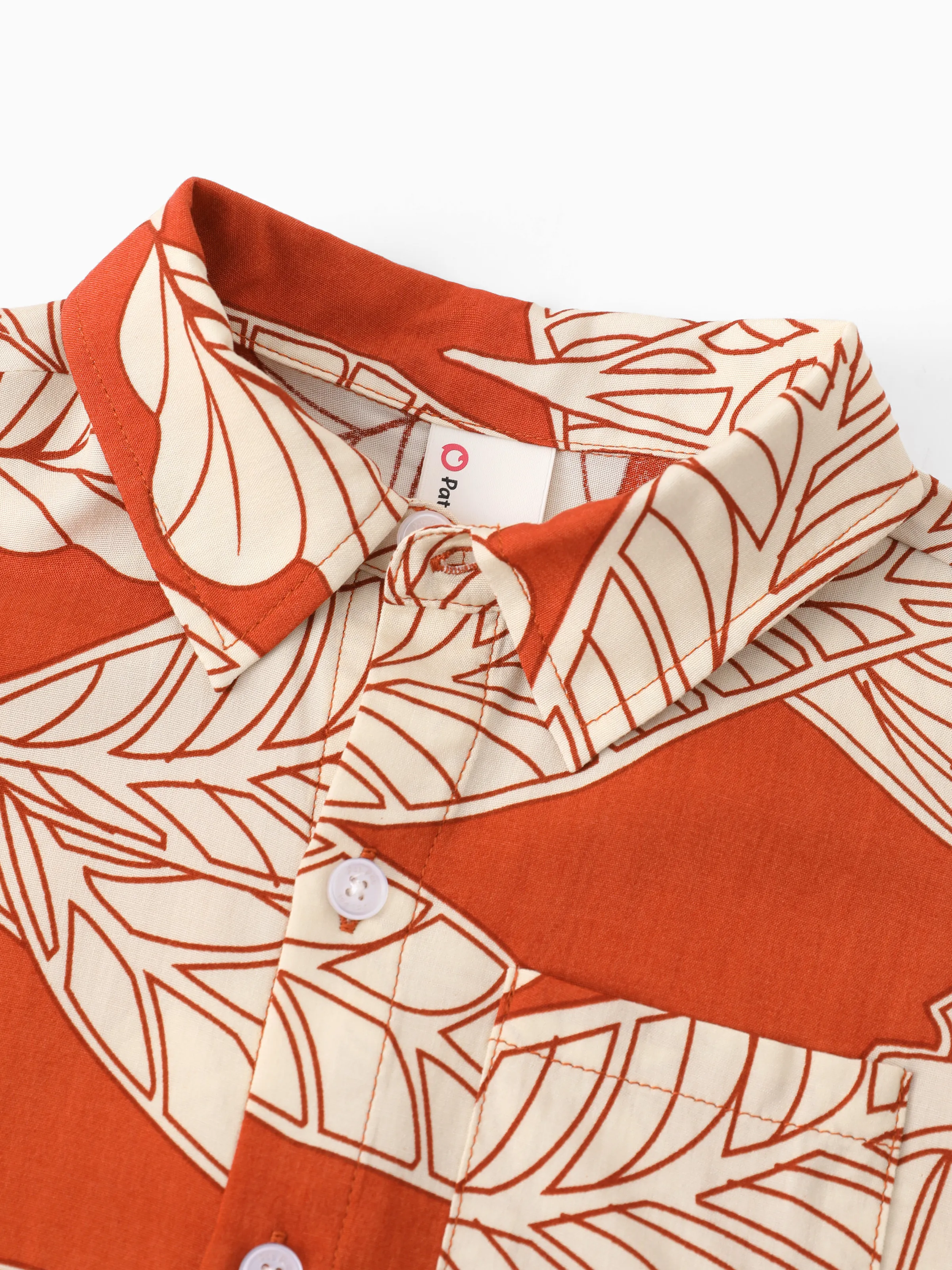 Family Matching Outfits Coral Leaf Print Halter Dress or Short-sleeve Shirt Set Summer Vacation Collection Red - Image 19