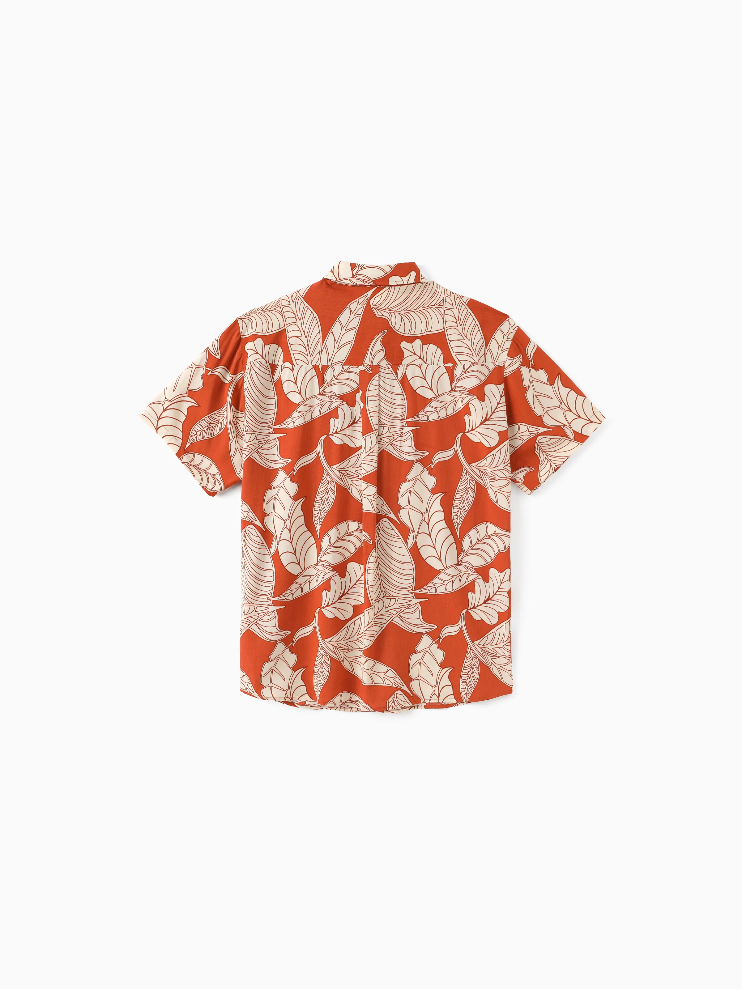 Family Matching Outfits Coral Leaf Print Halter Dress or Short-sleeve Shirt Set Summer Vacation Collection Red - Image 23