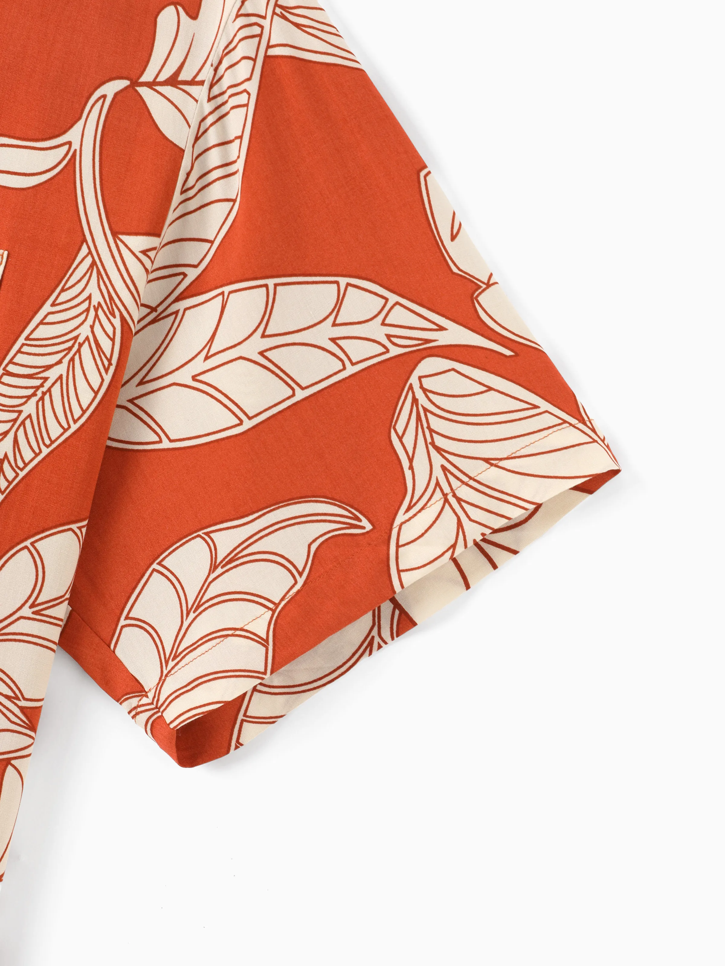 Family Matching Outfits Coral Leaf Print Halter Dress or Short-sleeve Shirt Set Summer Vacation Collection Red - Image 25