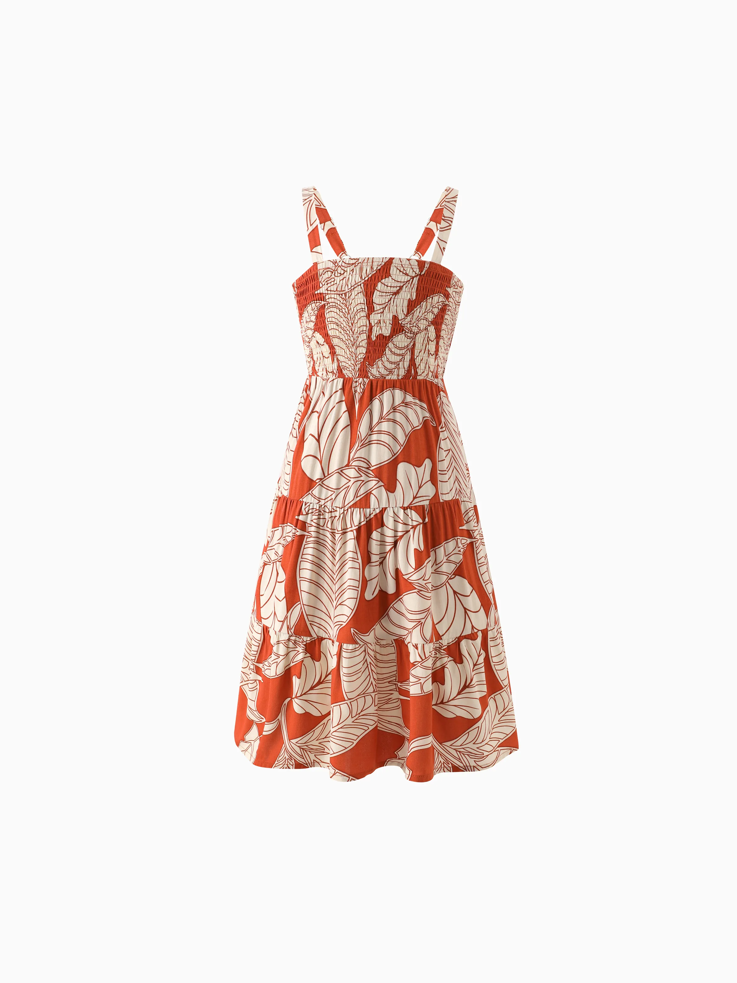 Family Matching Outfits Coral Leaf Print Halter Dress or Short-sleeve Shirt Set Summer Vacation Collection Red - Image 7
