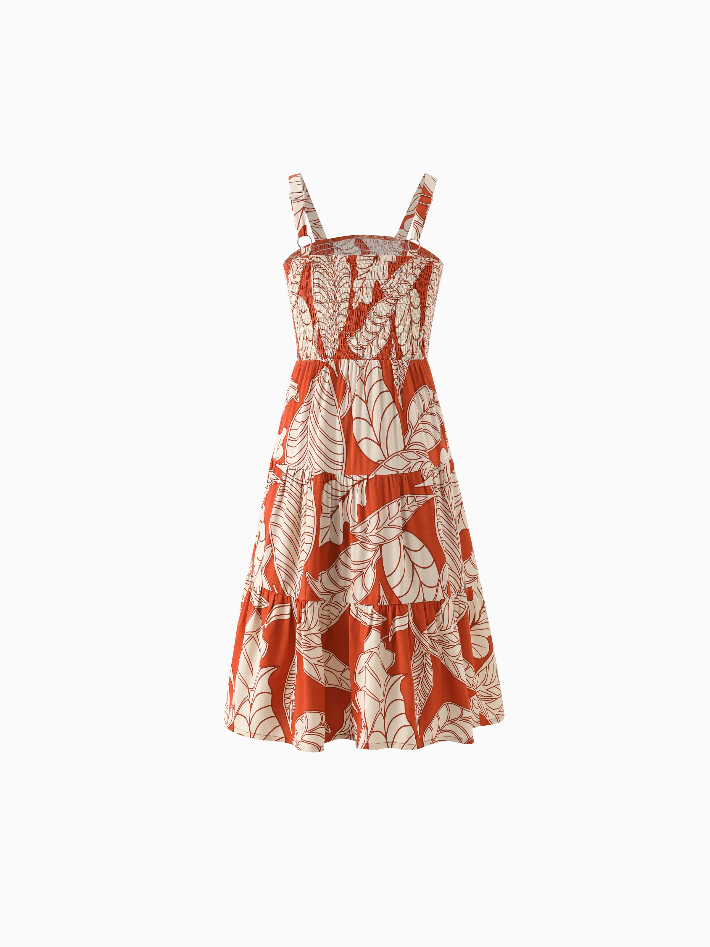 Family Matching Outfits Coral Leaf Print Halter Dress or Short-sleeve Shirt Set Summer Vacation Collection Red - Image 8