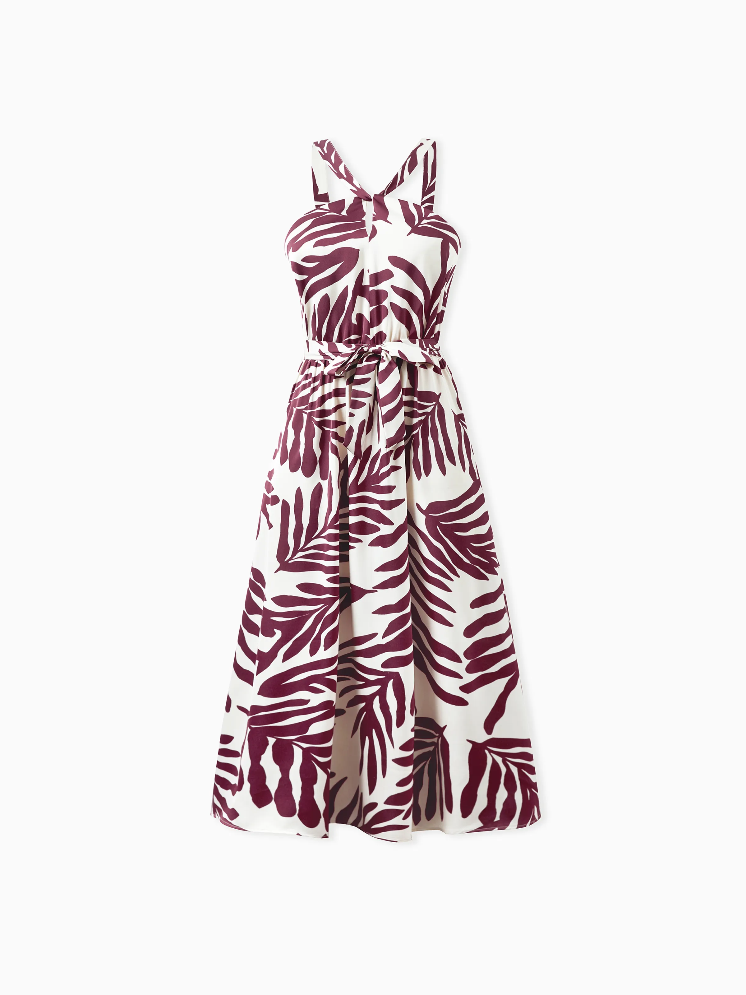 Family Matching Outfits Red Leaf Print Shirts and Strap Belted Dress for Hawaii/Cruise/Resort/Casual Wear White - Image 2