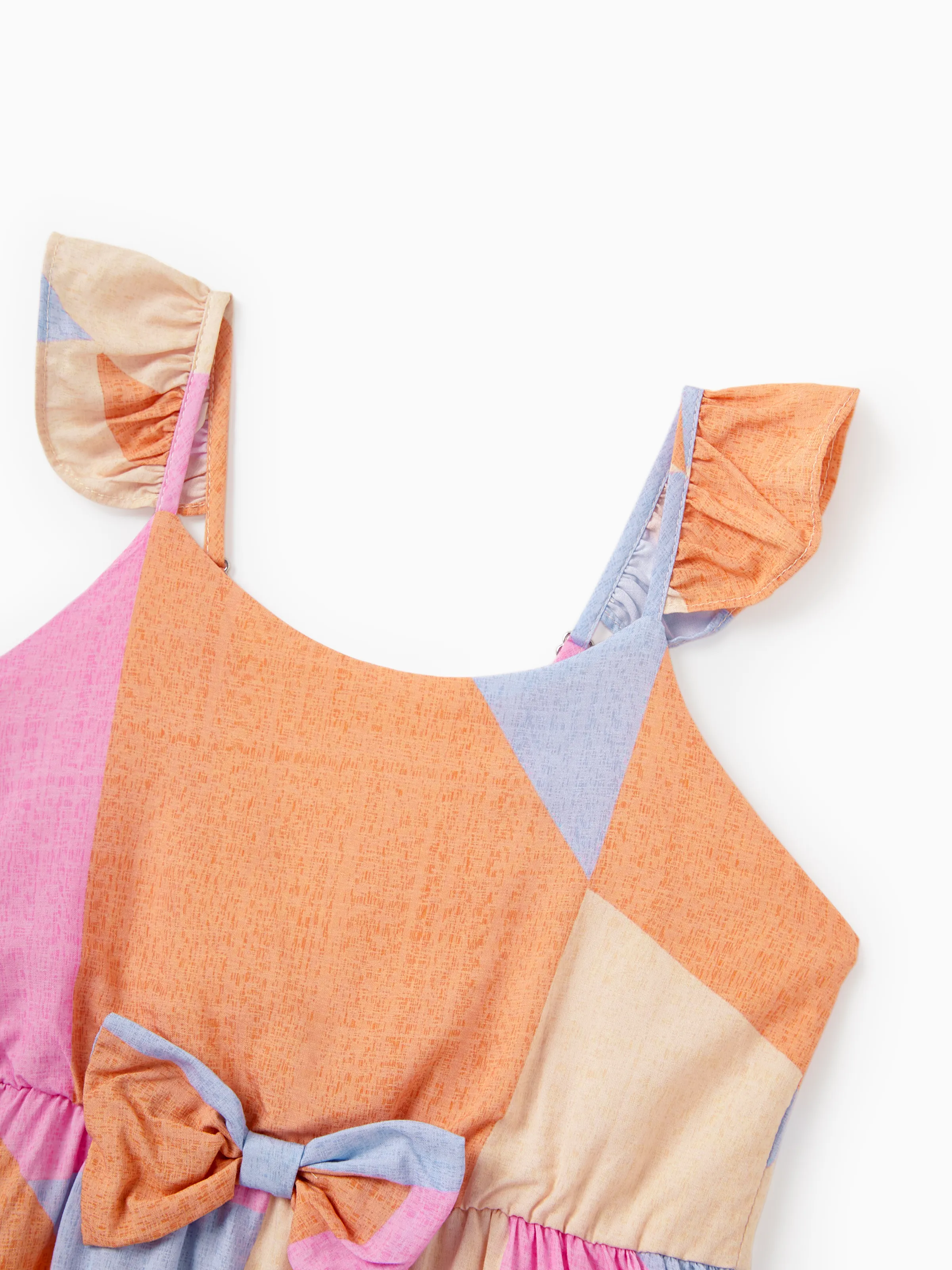 Family Matching Outfits Set Colorblock Sleeveless Strappy Dress or Short-sleeve T-shirt Multi-color - Image 14