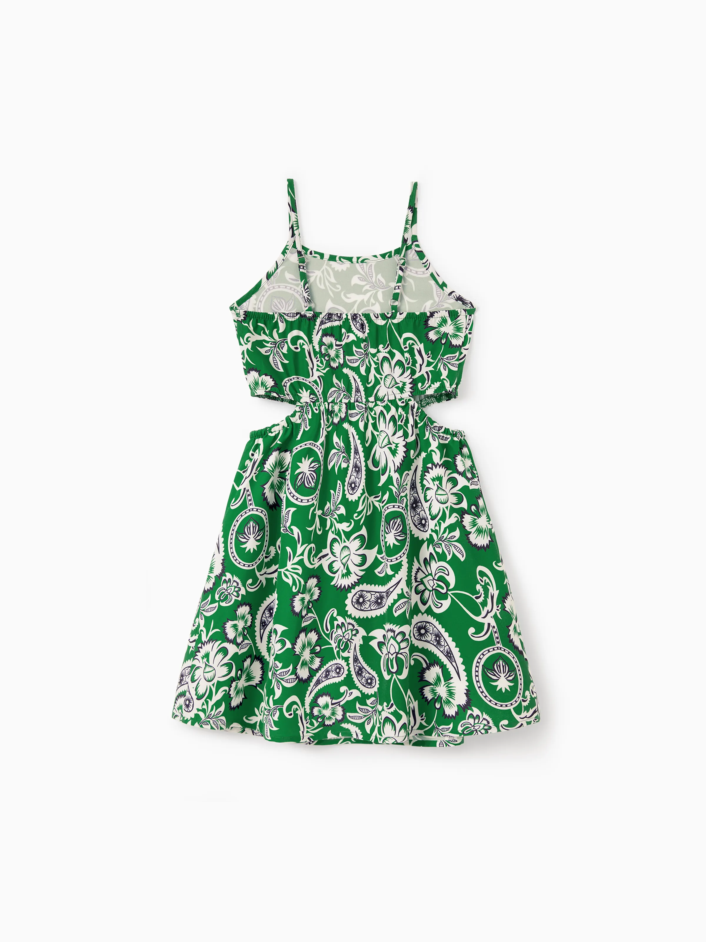 Family Matching Outfits Set Floral Print Short-sleeve Collar Shirt or Strappy Smocked  Dress for Summer Vacation  Green - Image 13