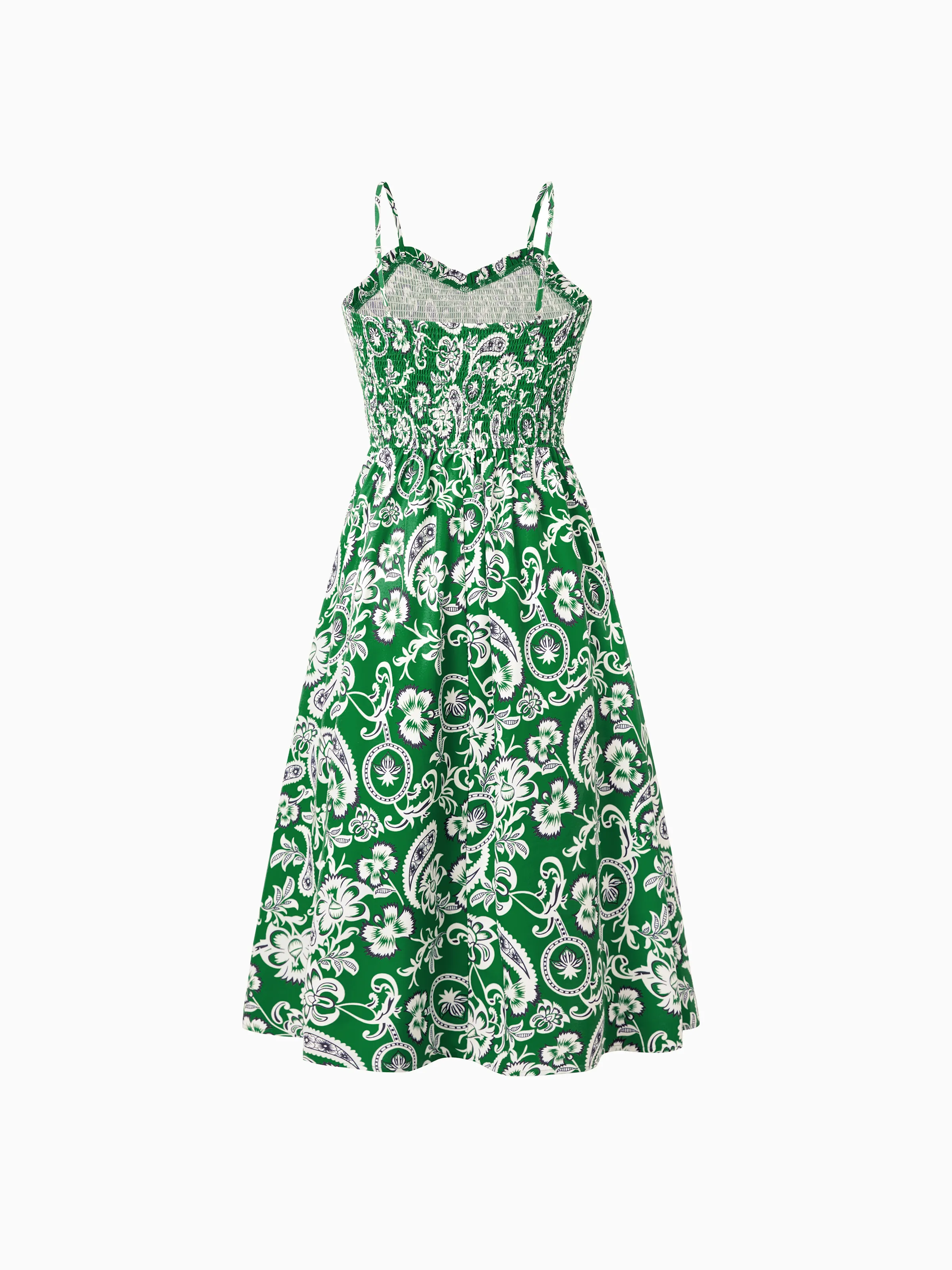 Family Matching Outfits Set Floral Print Short-sleeve Collar Shirt or Strappy Smocked  Dress for Summer Vacation  Green - Image 6
