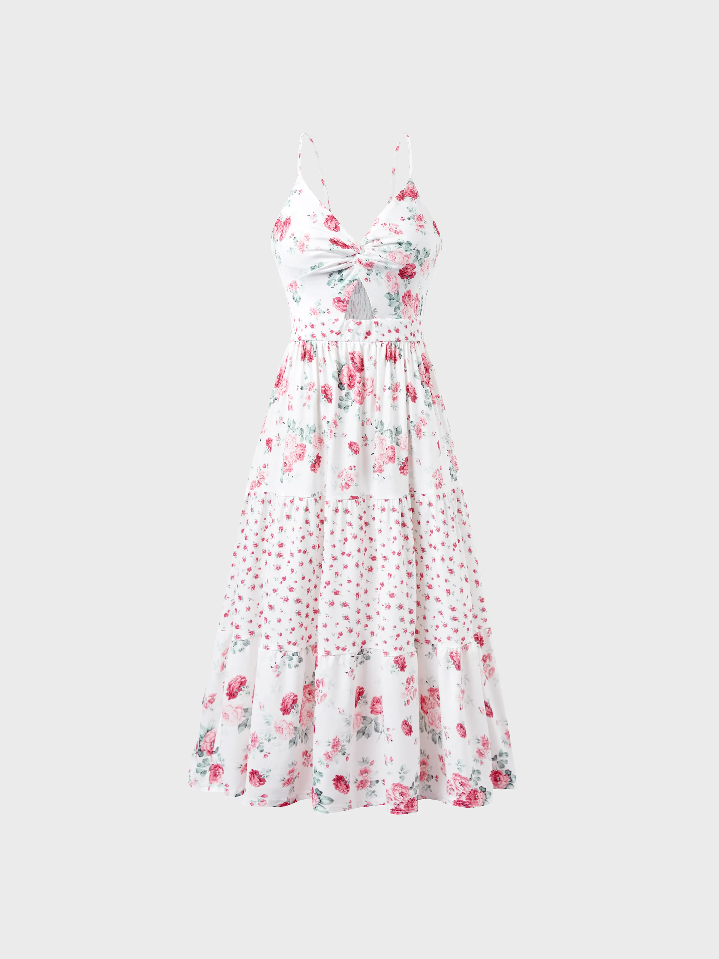 Family Matching Outfits Set Solid Color Short-sleeve Polo Collar Shirt or Flower Print Hollow out Dress  Pink - Image 2