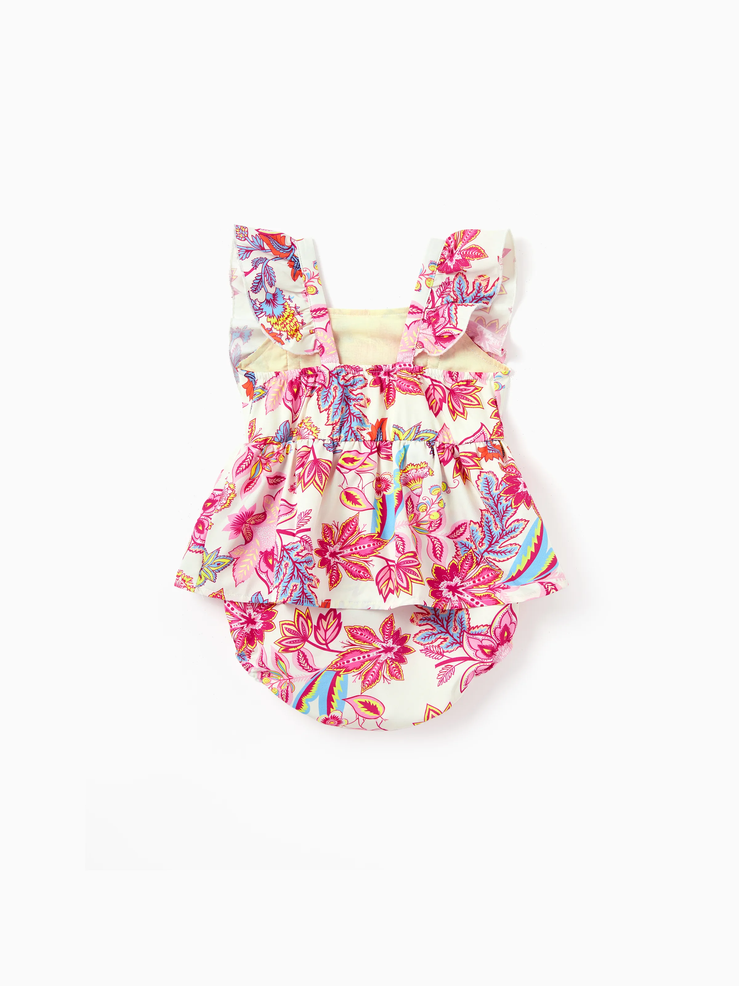 Family Matching Outfits Set Tropical Flora Print Short-sleeve Collar Shirt or Halter Belted Dress for Summer Vacation Beige - Image 13