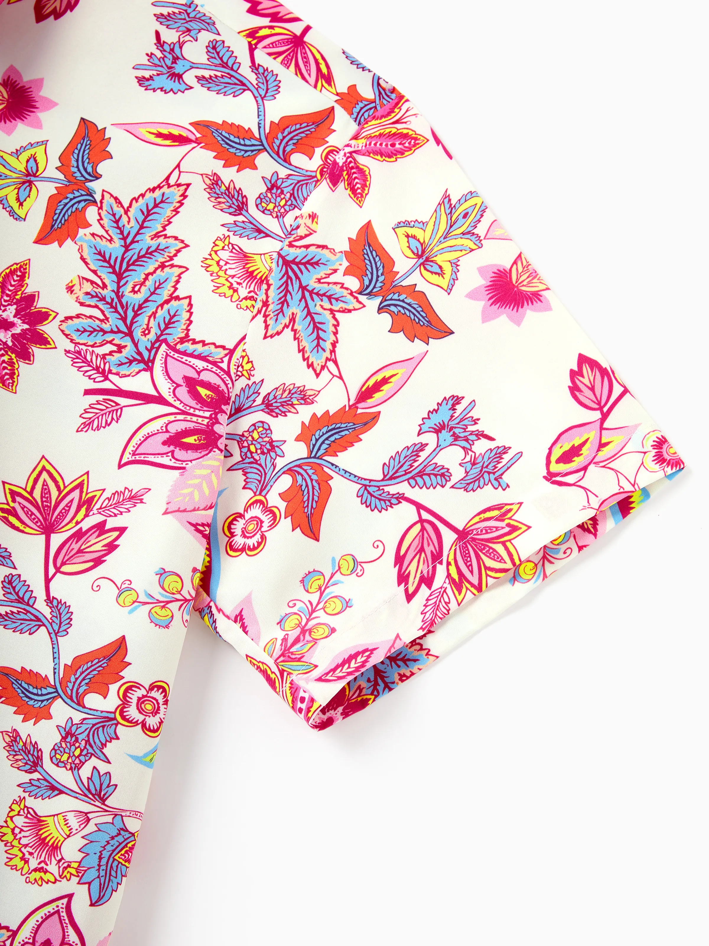 Family Matching Outfits Set Tropical Flora Print Short-sleeve Collar Shirt or Halter Belted Dress for Summer Vacation Beige - Image 26
