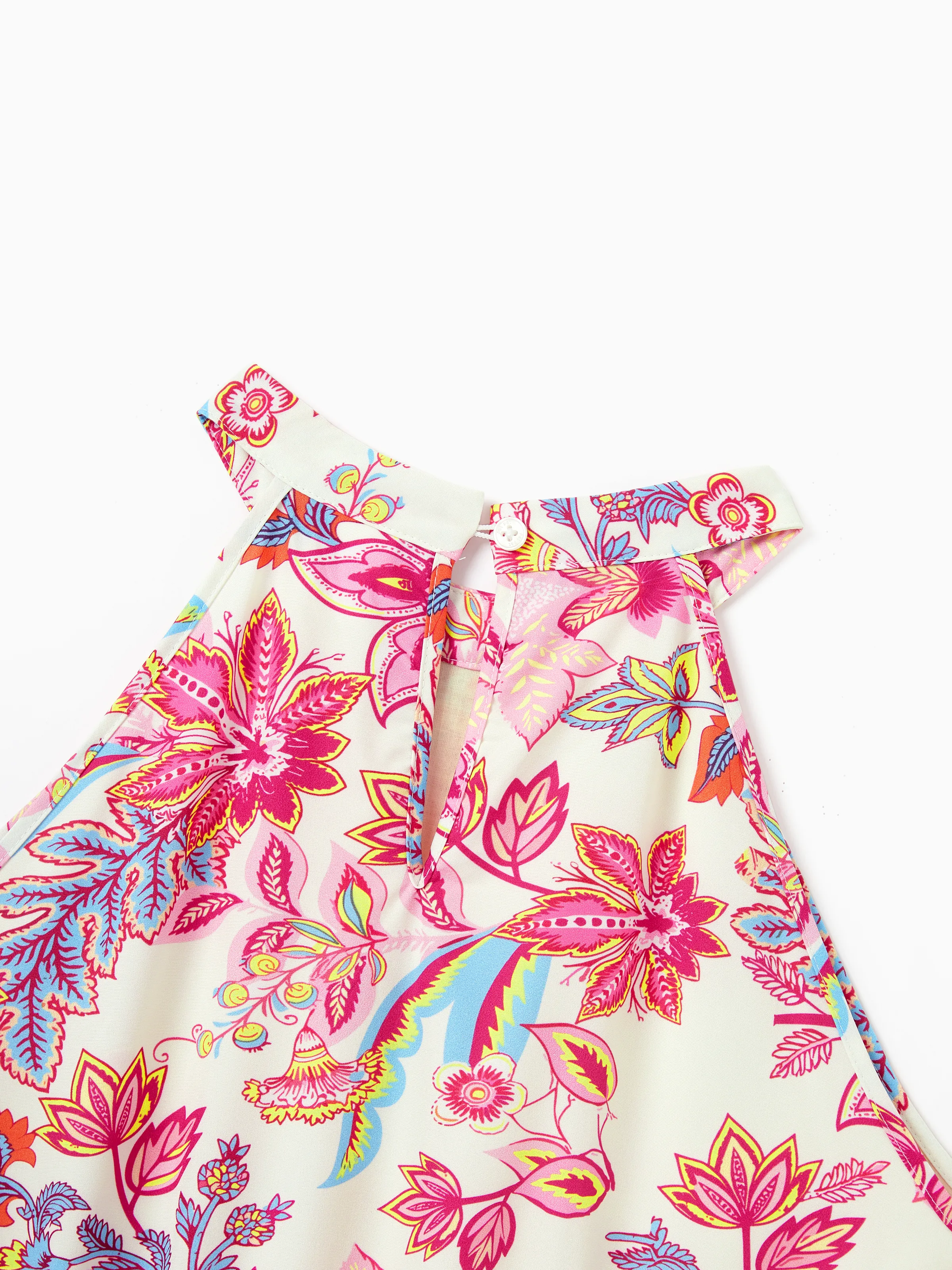 Family Matching Outfits Set Tropical Flora Print Short-sleeve Collar Shirt or Halter Belted Dress for Summer Vacation Beige - Image 5