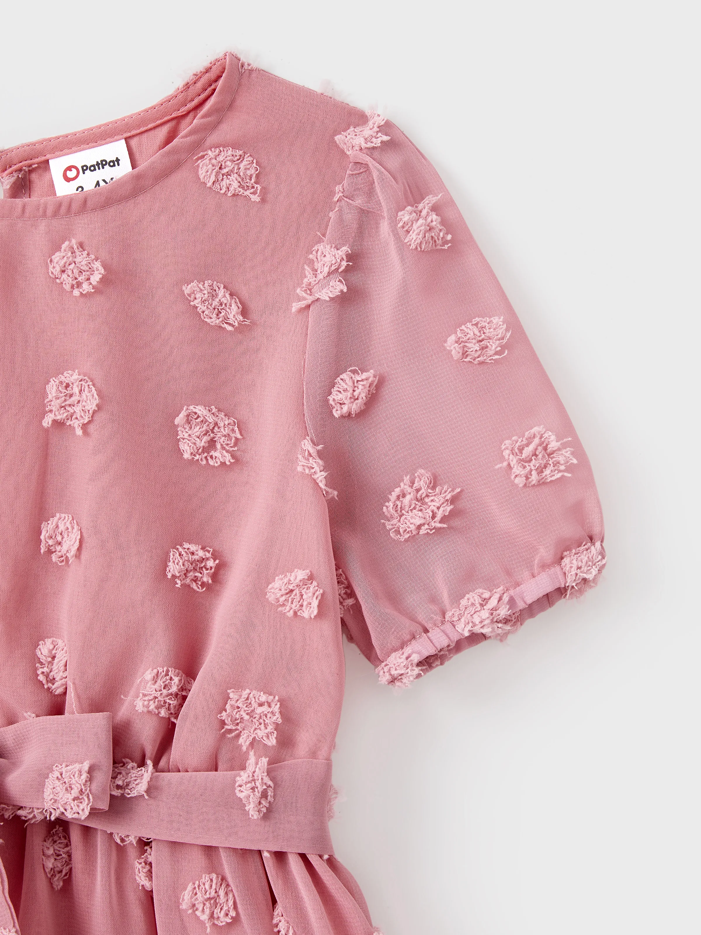 Family Matching Pink Set Solid Colorblock Polo collar Short-sleeve Shirt or Ruffle-sleeve Belted Dress Pink - Image 11