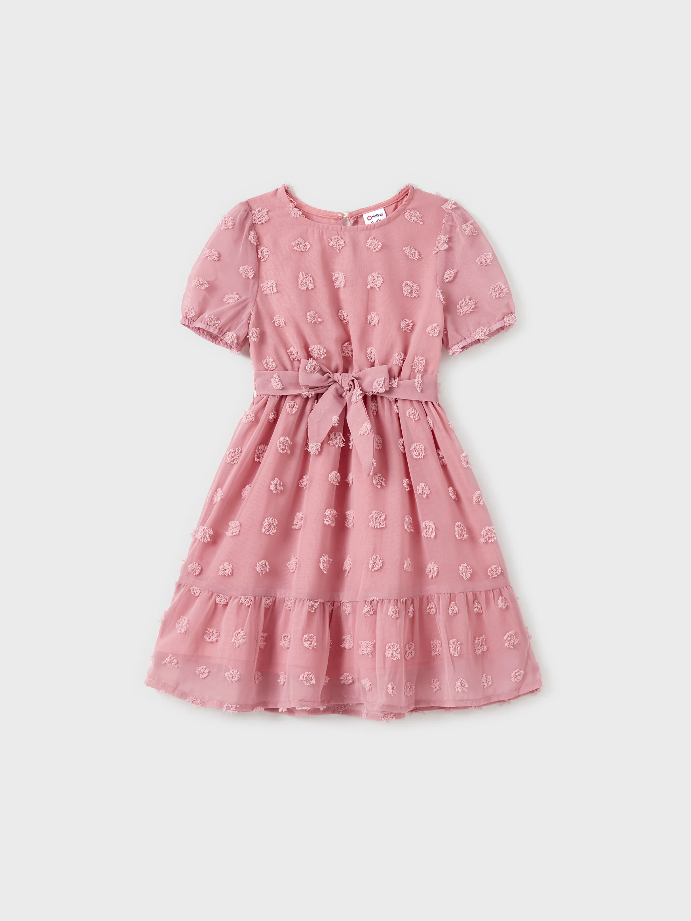 Family Matching Pink Set Solid Colorblock Polo collar Short-sleeve Shirt or Ruffle-sleeve Belted Dress Pink - Image 7