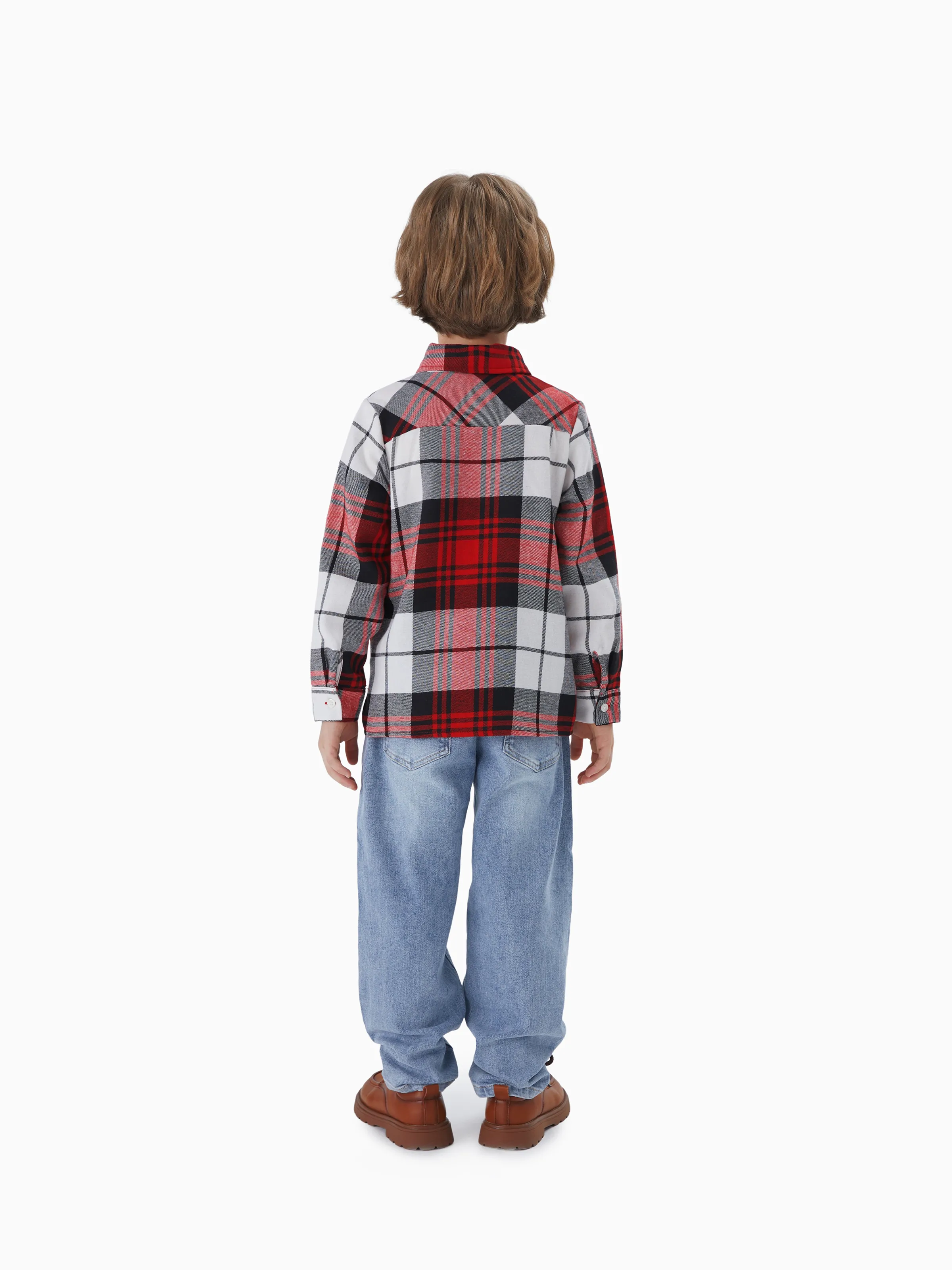 Family Matching Plaid Shirt Tops and Red Mesh Splice Belted Dresses Sets Burgundy - Image 18