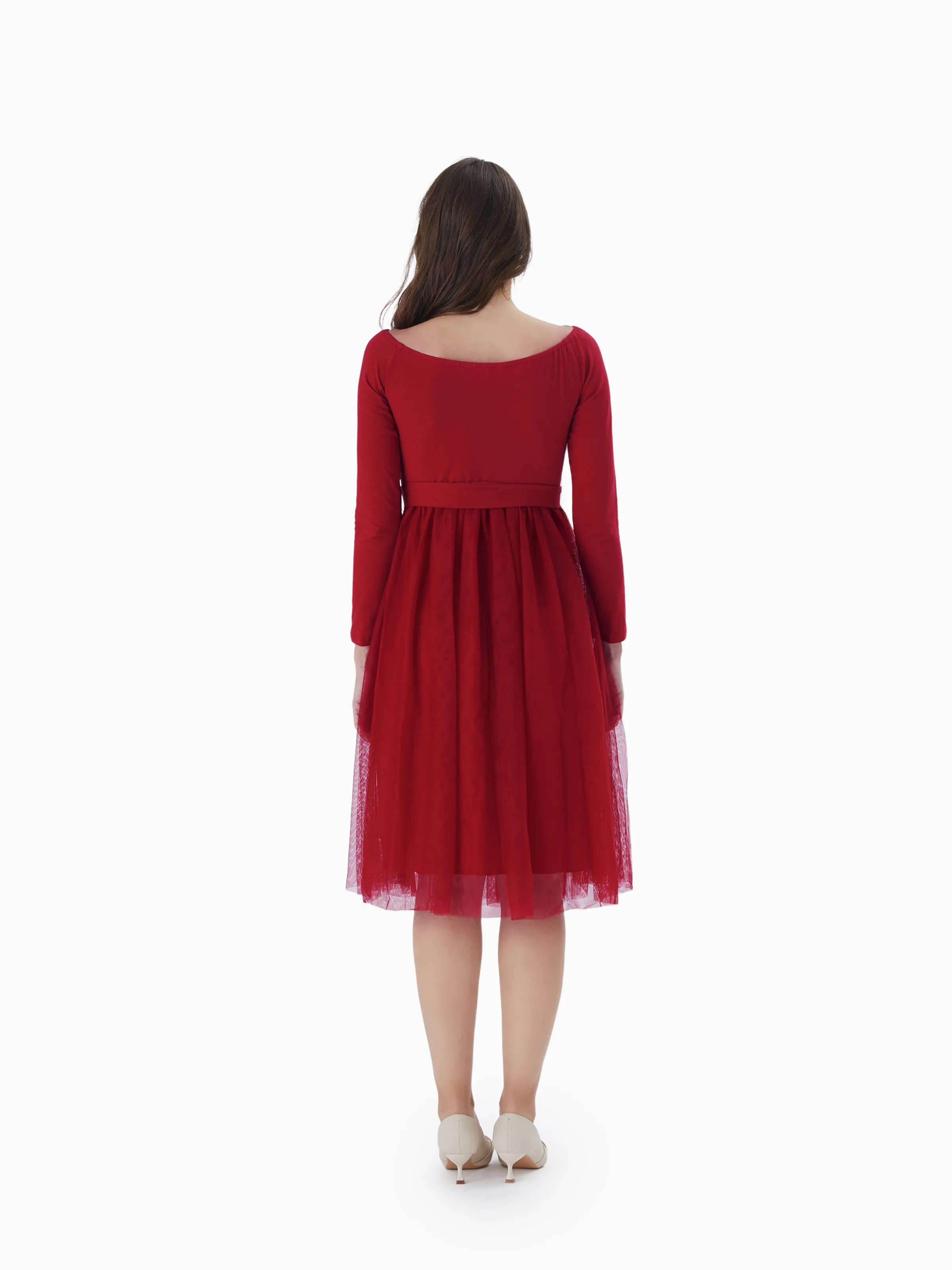 Family Matching Plaid Shirt Tops and Red Mesh Splice Belted Dresses Sets Burgundy - Image 4