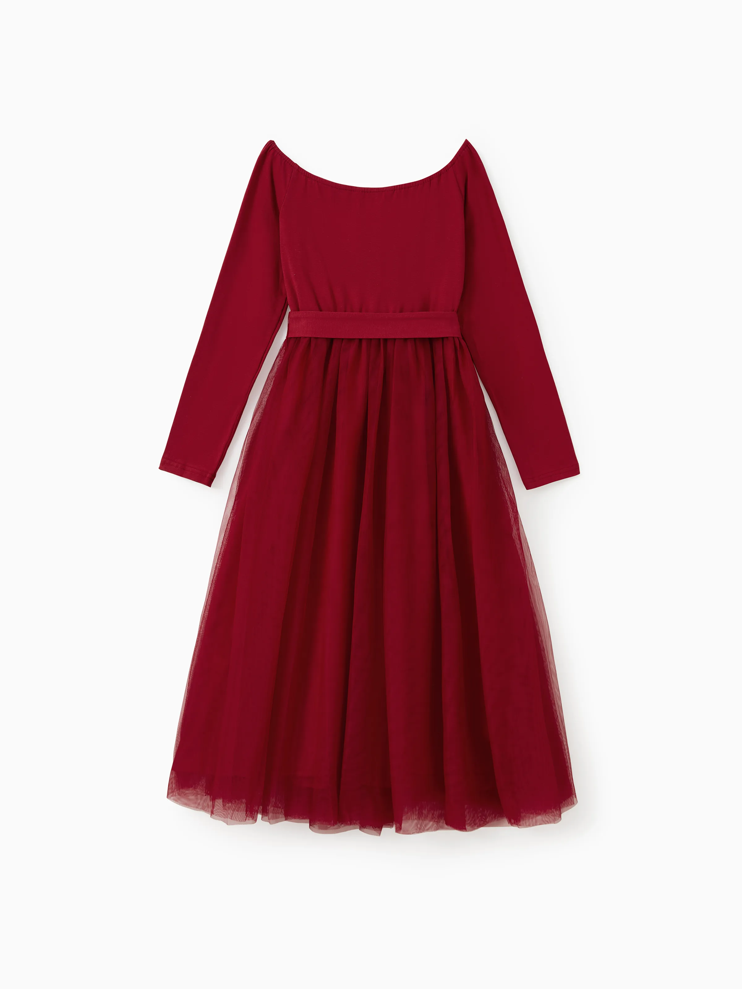 Family Matching Plaid Shirt Tops and Red Mesh Splice Belted Dresses Sets Burgundy - Image 6