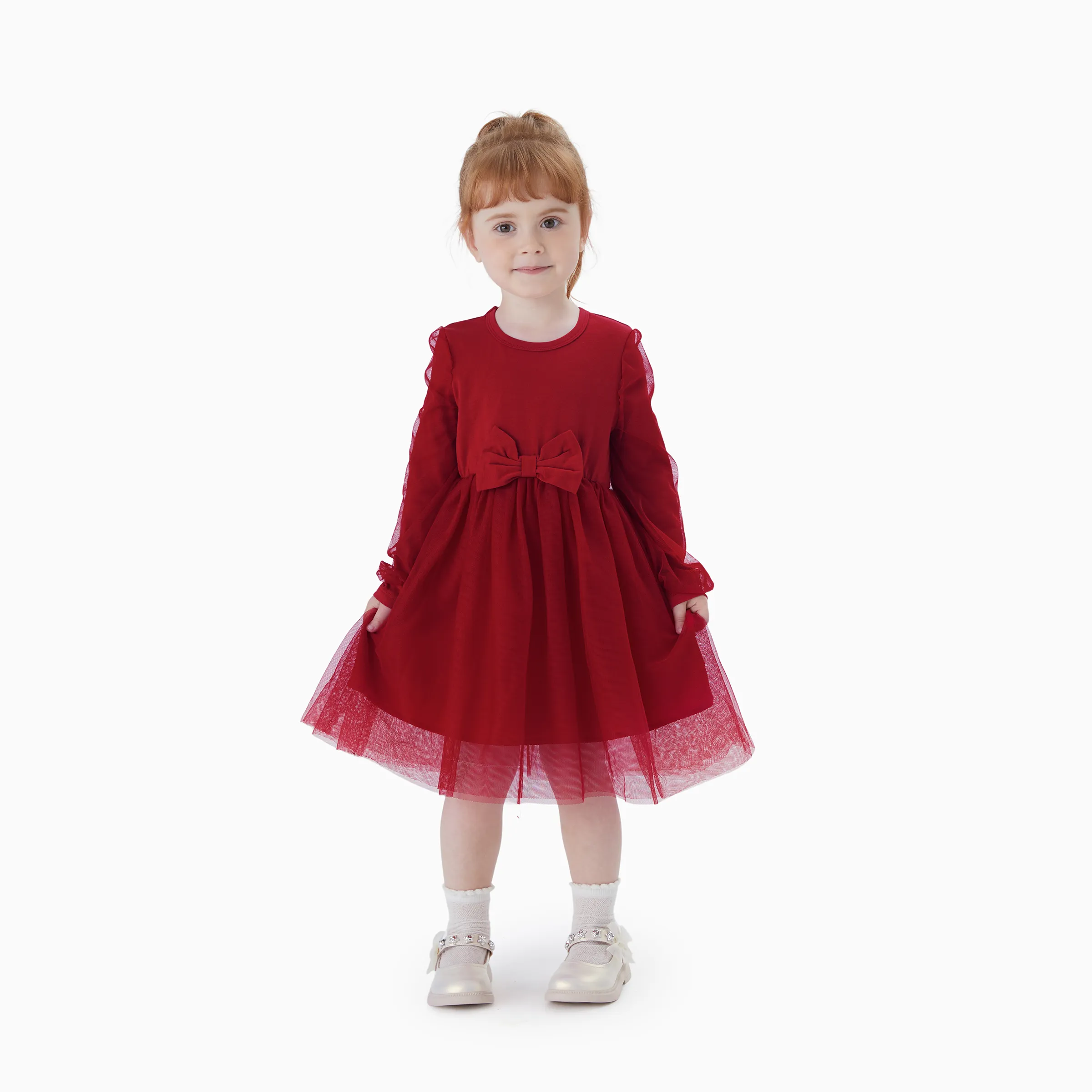 Family Matching Plaid Shirt Tops and Red Mesh Splice Belted Dresses Sets Burgundy - Image 8
