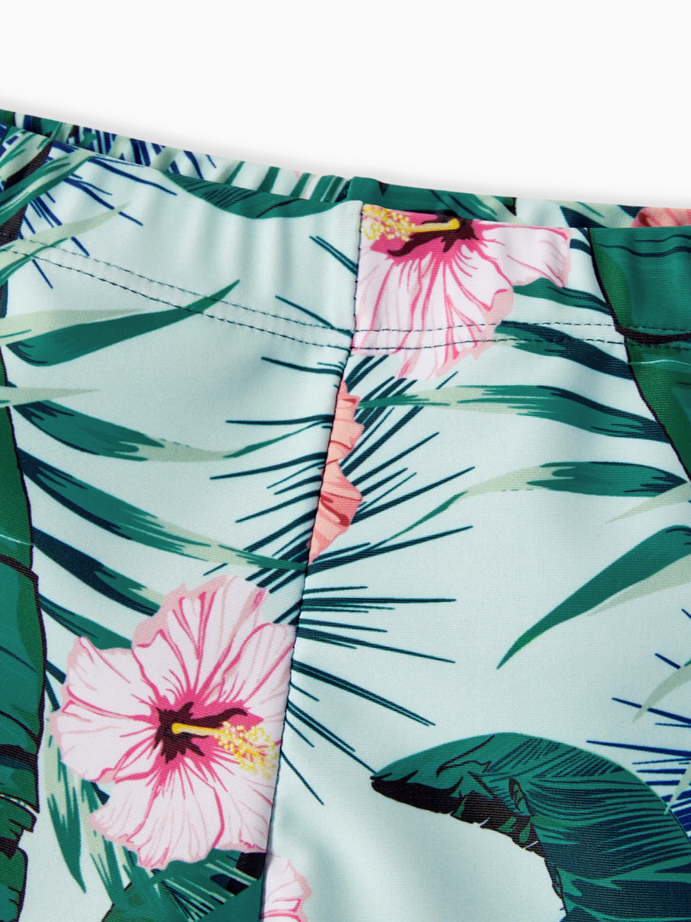 Family Matching Plant Print Ruffle Trim Spliced One-piece Swimsuit or Swim Trunks Green - Image 23