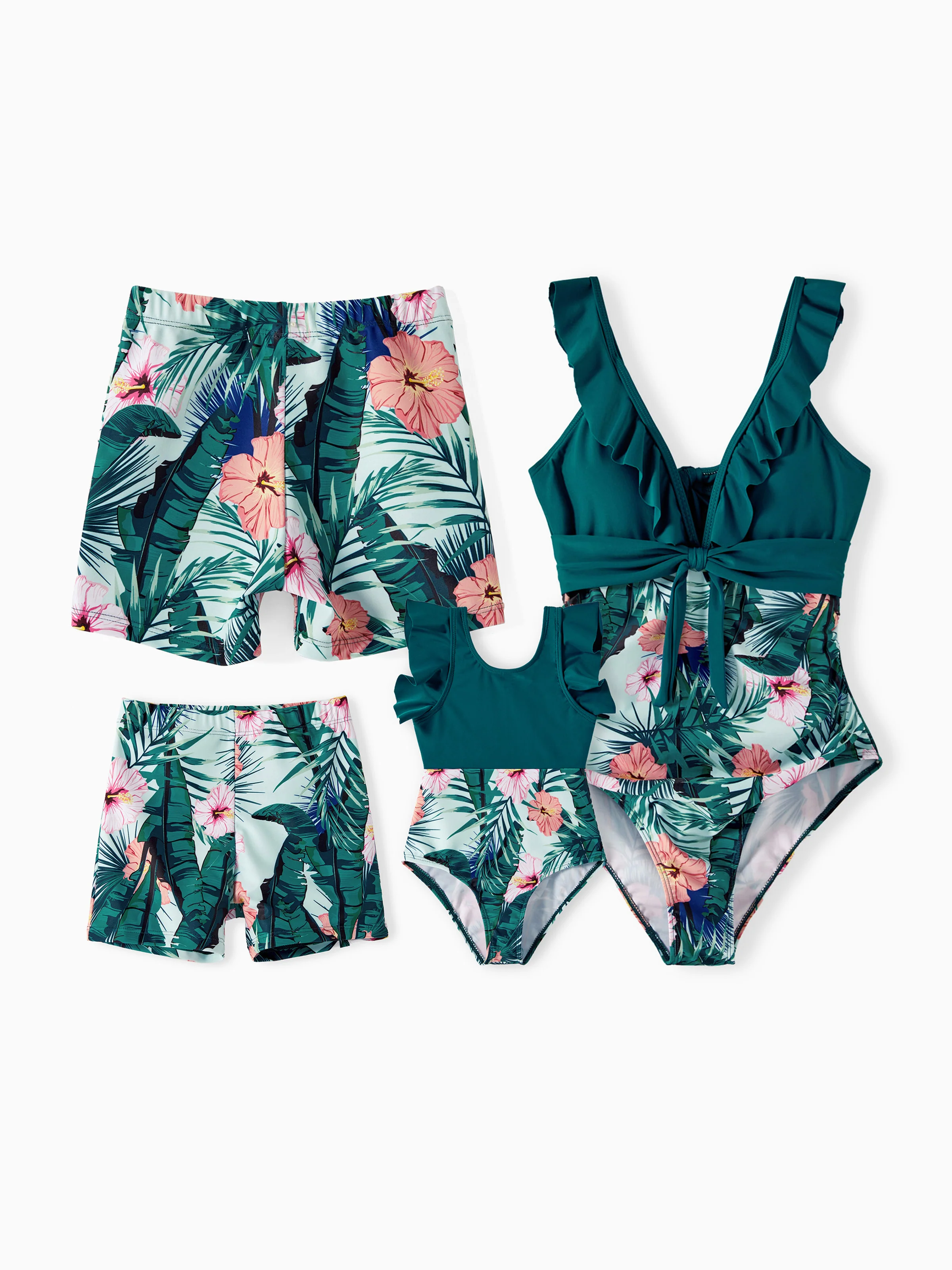 Family Matching Plant Print Ruffle Trim Spliced One-piece Swimsuit or Swim Trunks Green - Image 3