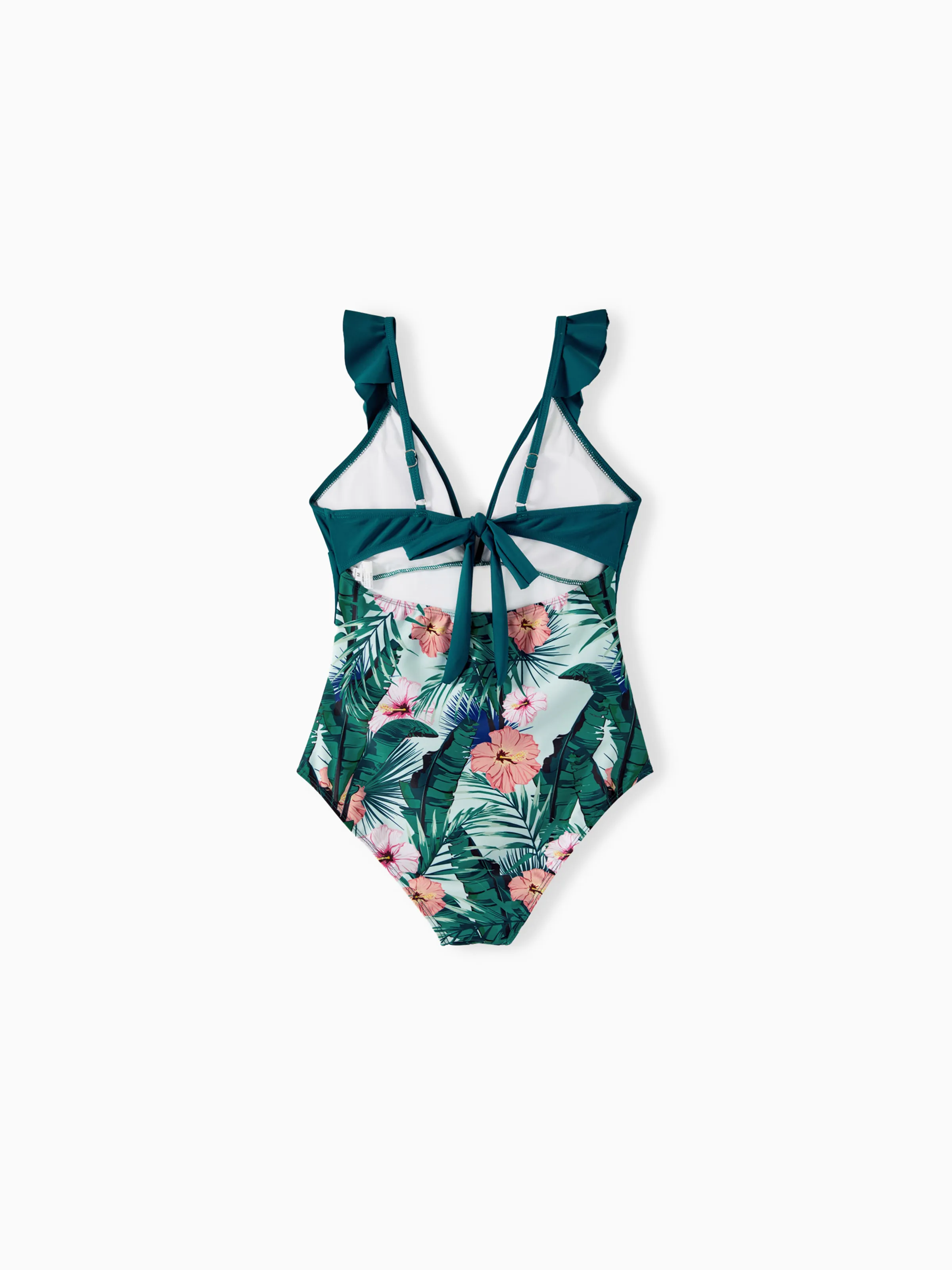 Family Matching Plant Print Ruffle Trim Spliced One-piece Swimsuit or Swim Trunks Green - Image 7