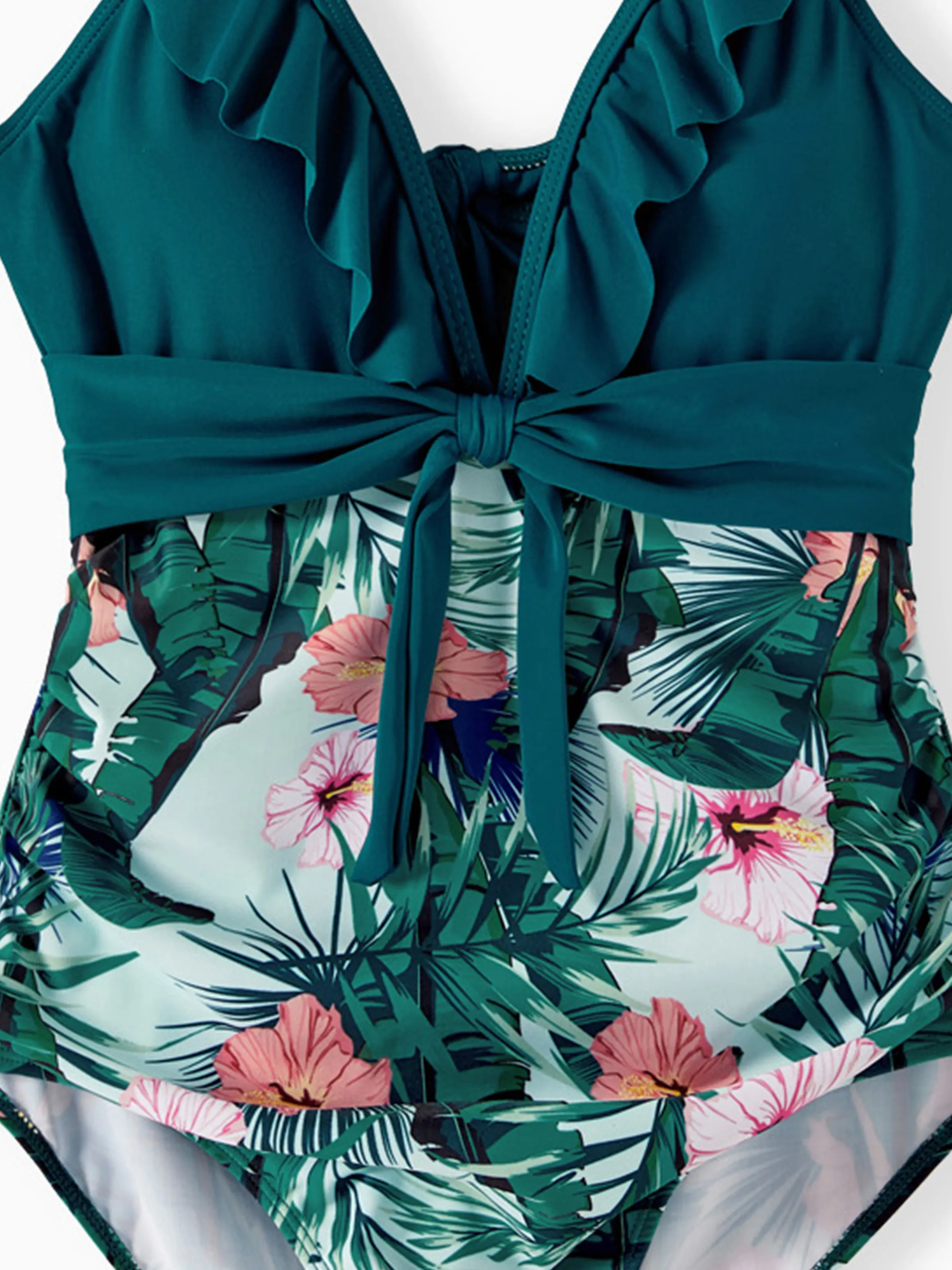 Family Matching Plant Print Ruffle Trim Spliced One-piece Swimsuit or Swim Trunks Green - Image 8