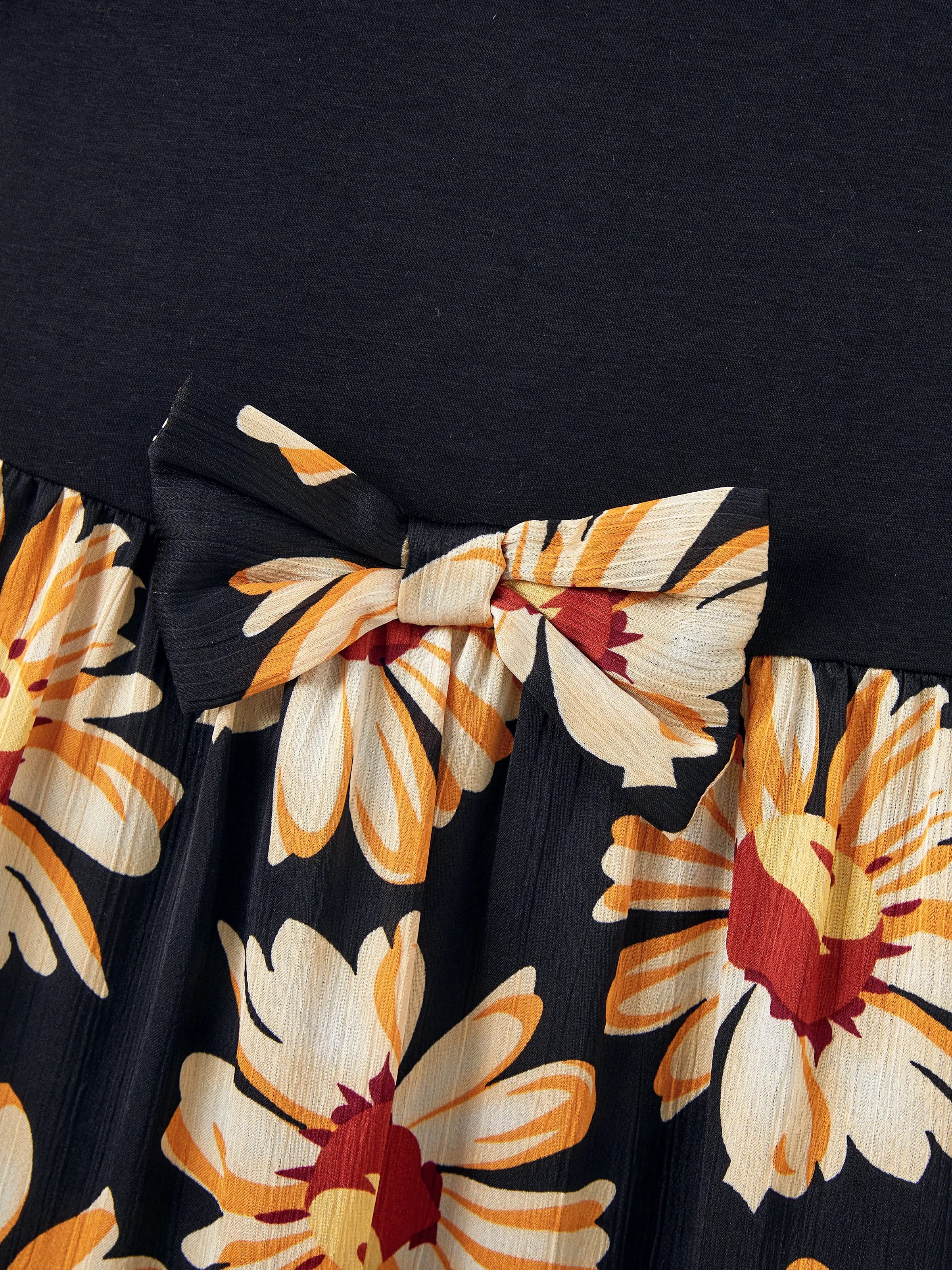 Family Matching Set Floral Sleeveless Strappy Dress or Colorblock Short-sleeve T-shirt Black - Image 34