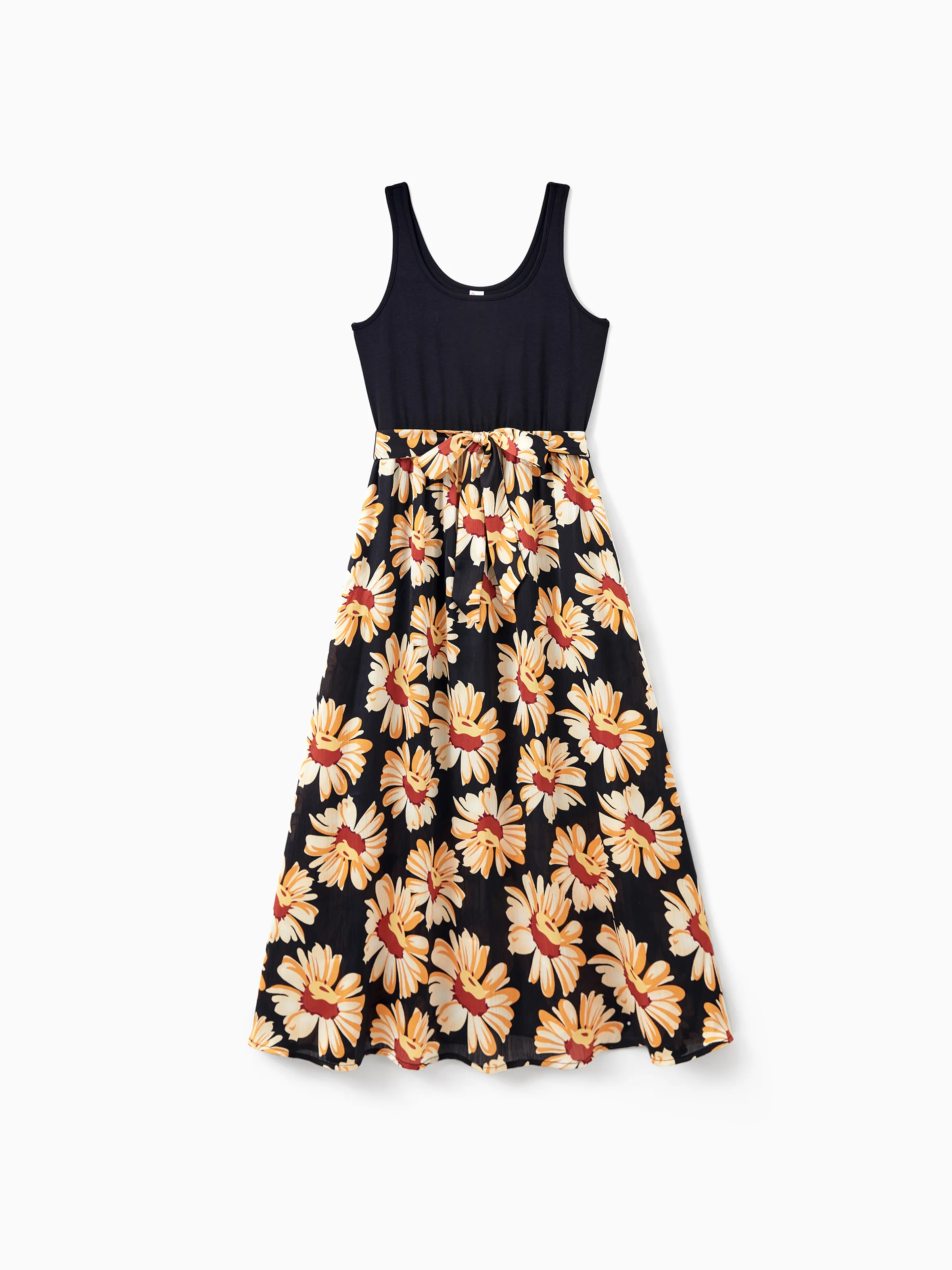 Family Matching Set Floral Sleeveless Strappy Dress or Colorblock Short-sleeve T-shirt Black - Image 6